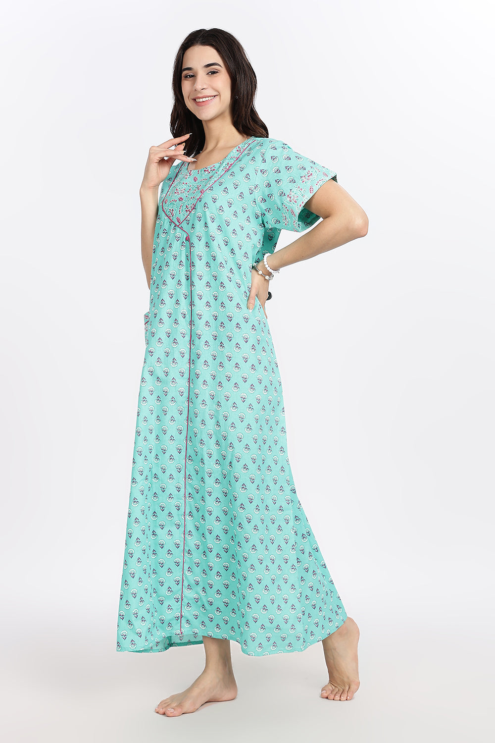 Naidu Hall Women’s Front-Open Floral Printed Cotton-Blend Nighty | Layered V-Neck, Short Sleeves, A-Line Fit
- NB02