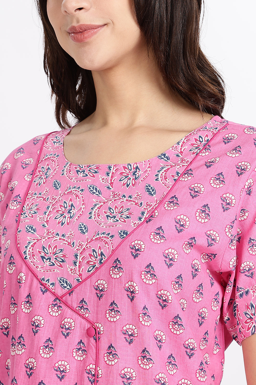 Naidu Hall Women’s Front-Open Floral Printed Cotton-Blend Nighty | Layered V-Neck, Short Sleeves, A-Line Fit
- NB02