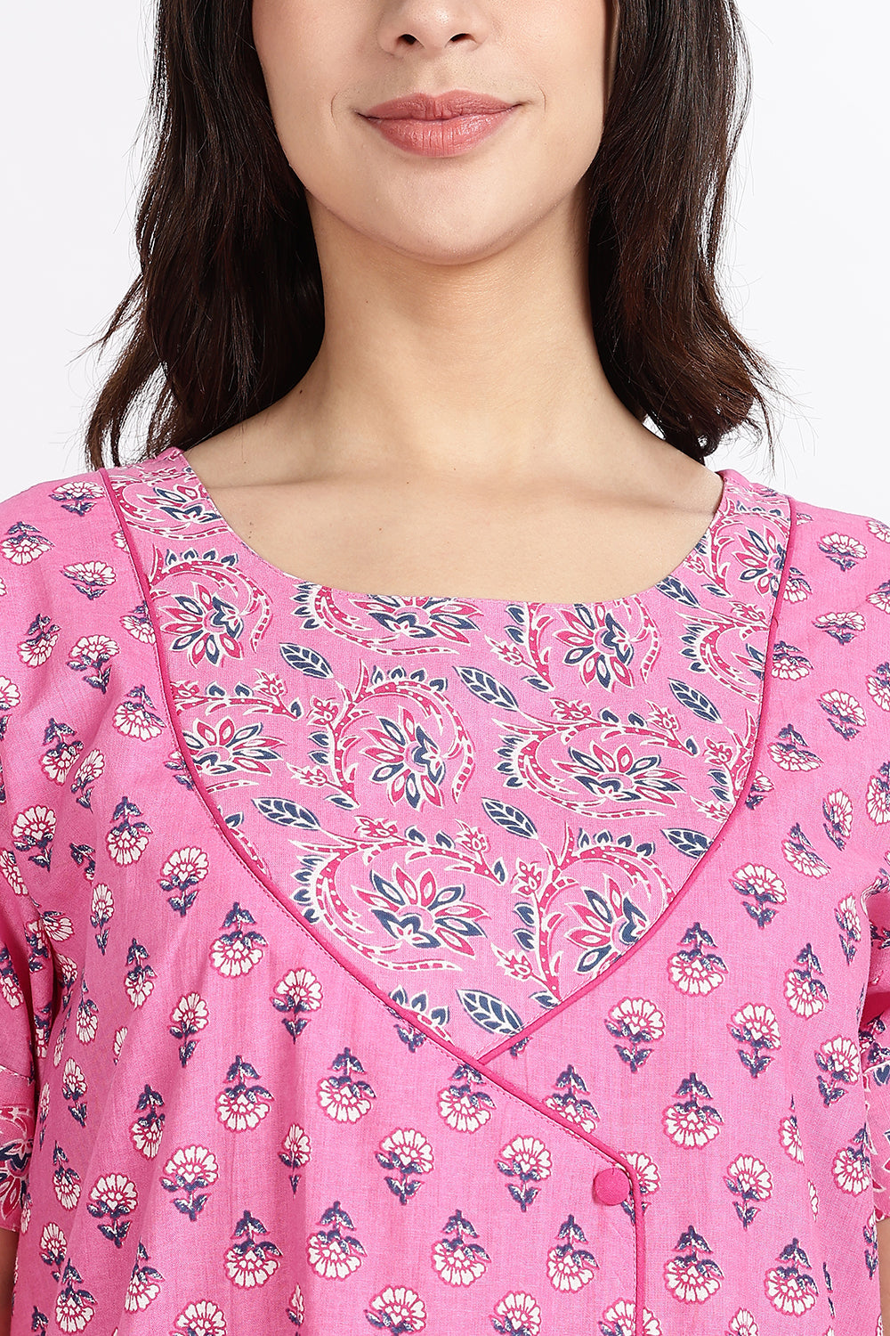 Naidu Hall Women’s Front-Open Floral Printed Cotton-Blend Nighty | Layered V-Neck, Short Sleeves, A-Line Fit
- NB02
