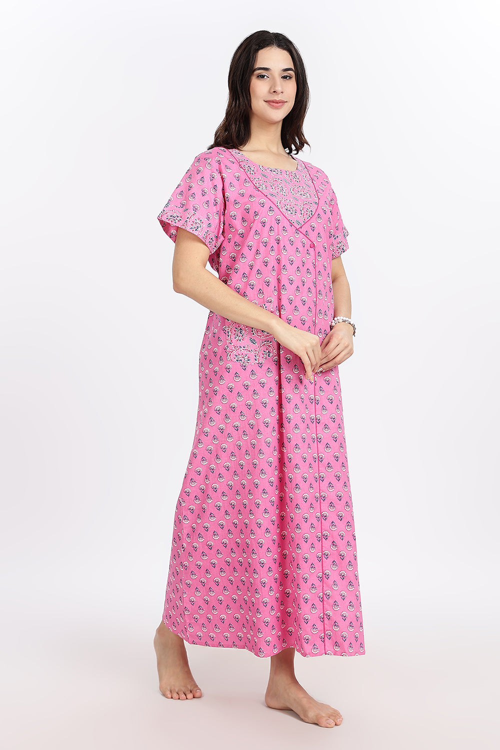 Naidu Hall Women’s Front-Open Floral Printed Cotton-Blend Nighty | Layered V-Neck, Short Sleeves, A-Line Fit
- NB02