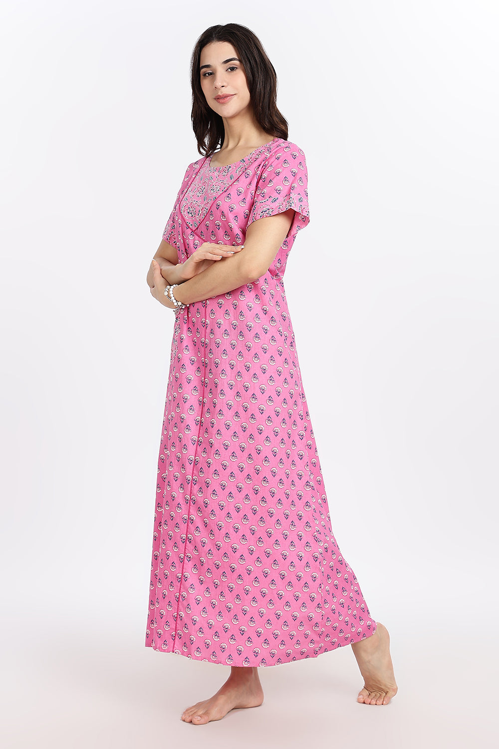 Naidu Hall Women’s Front-Open Floral Printed Cotton-Blend Nighty | Layered V-Neck, Short Sleeves, A-Line Fit
- NB02