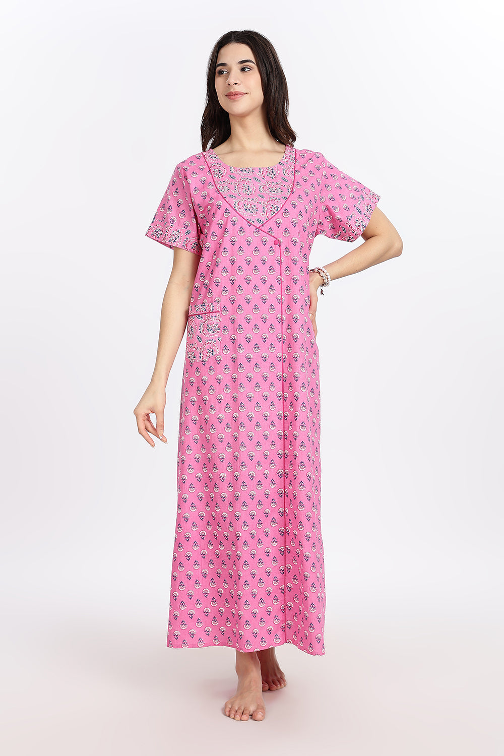 Naidu Hall Women’s Front-Open Floral Printed Cotton-Blend Nighty | Layered V-Neck, Short Sleeves, A-Line Fit
- NB02