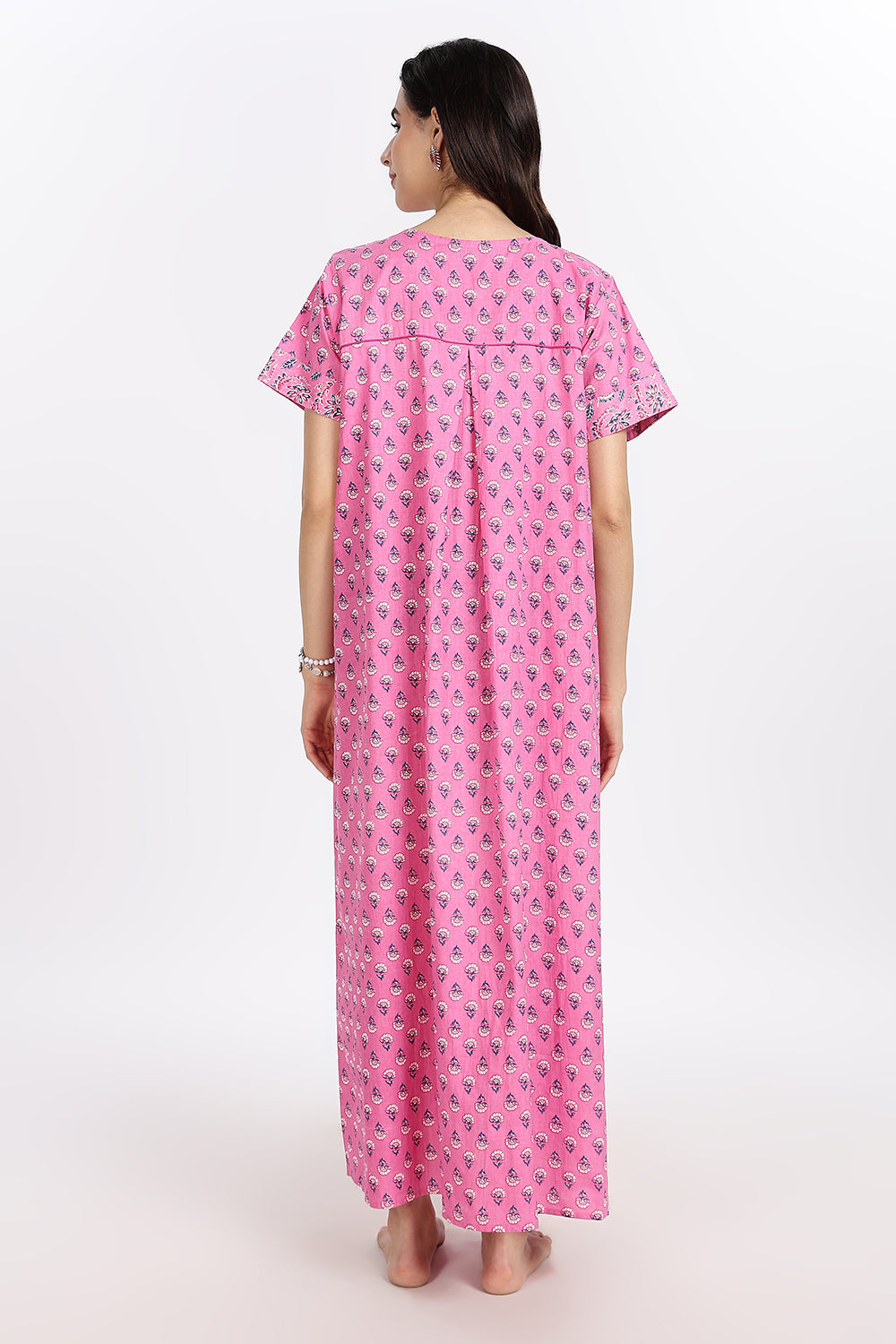 Naidu Hall Women’s Front-Open Floral Printed Cotton-Blend Nighty | Layered V-Neck, Short Sleeves, A-Line Fit
- NB02