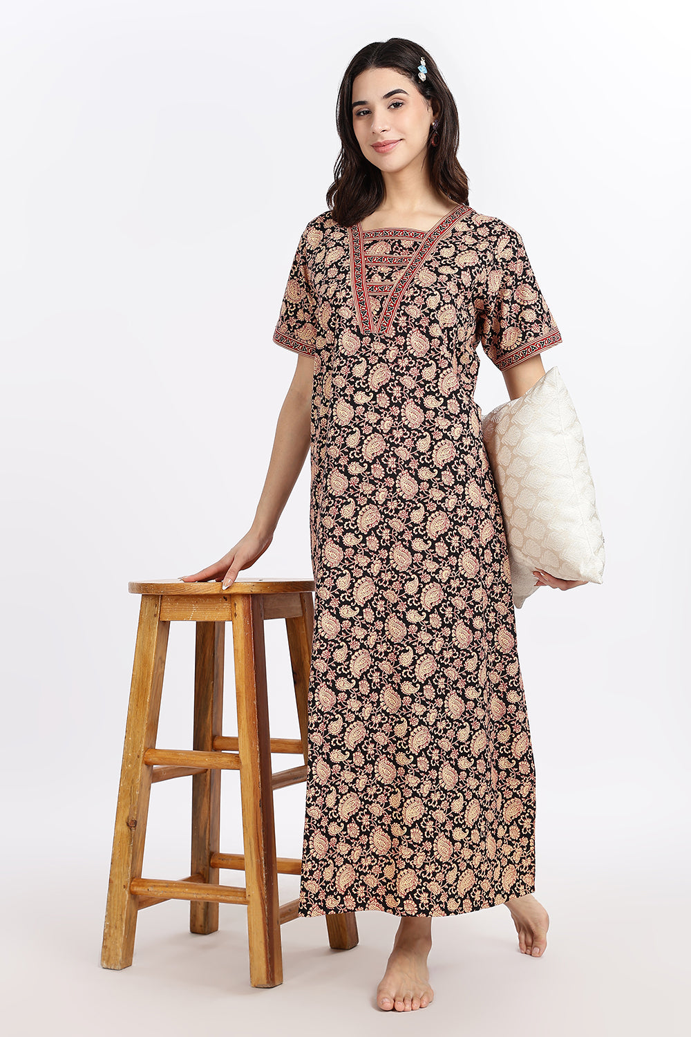 Naidu Hall Women’s Printed Cotton Blend Full Length Nighty with V Patch Neckline and Border Detailing
- NB05