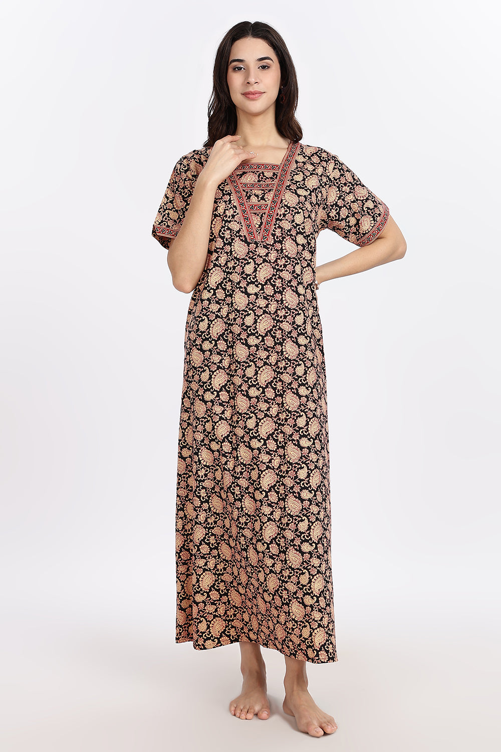 Naidu Hall Women’s Printed Cotton Blend Full Length Nighty with V Patch Neckline and Border Detailing
- NB05