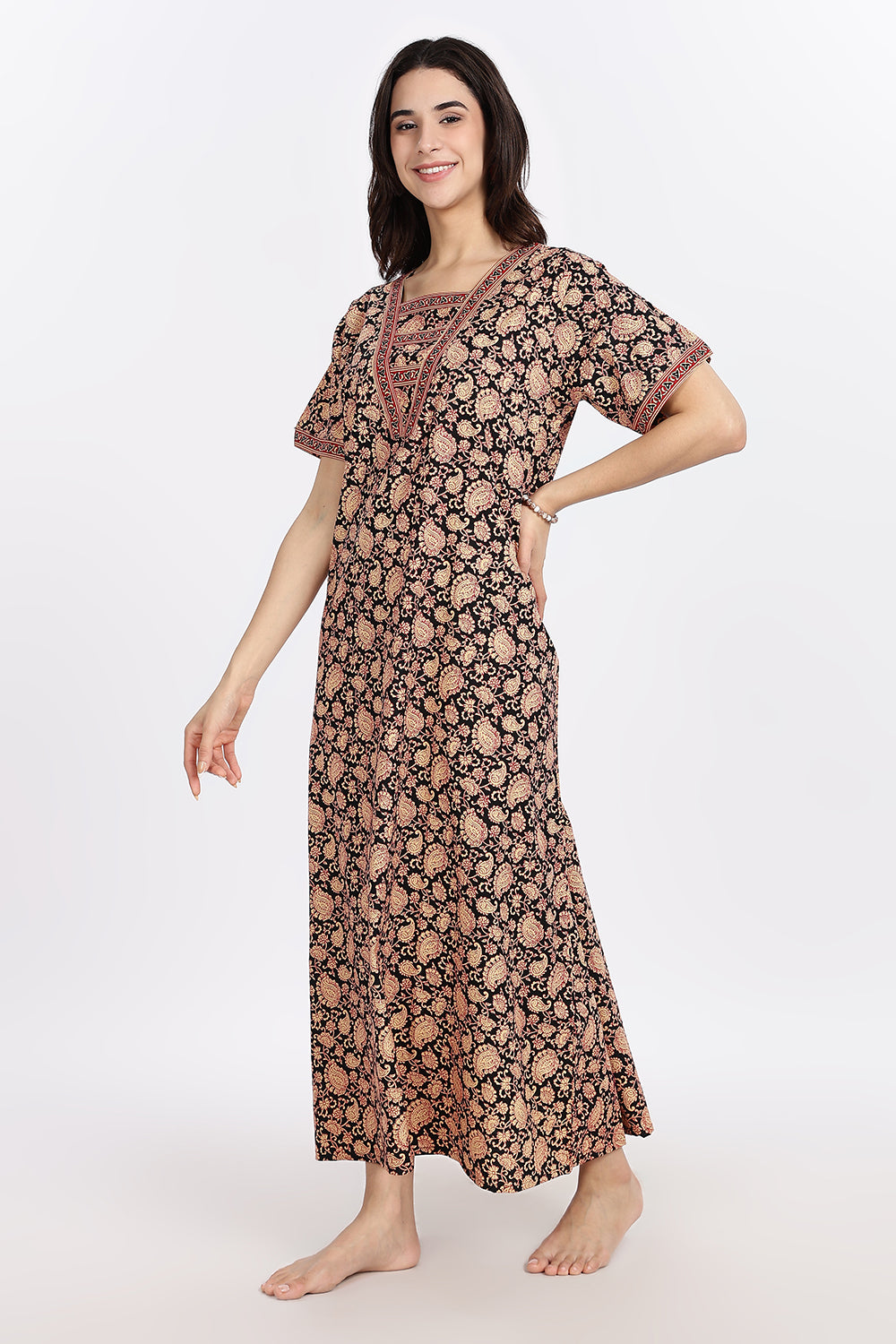 Naidu Hall Women’s Printed Cotton Blend Full Length Nighty with V Patch Neckline and Border Detailing
- NB05