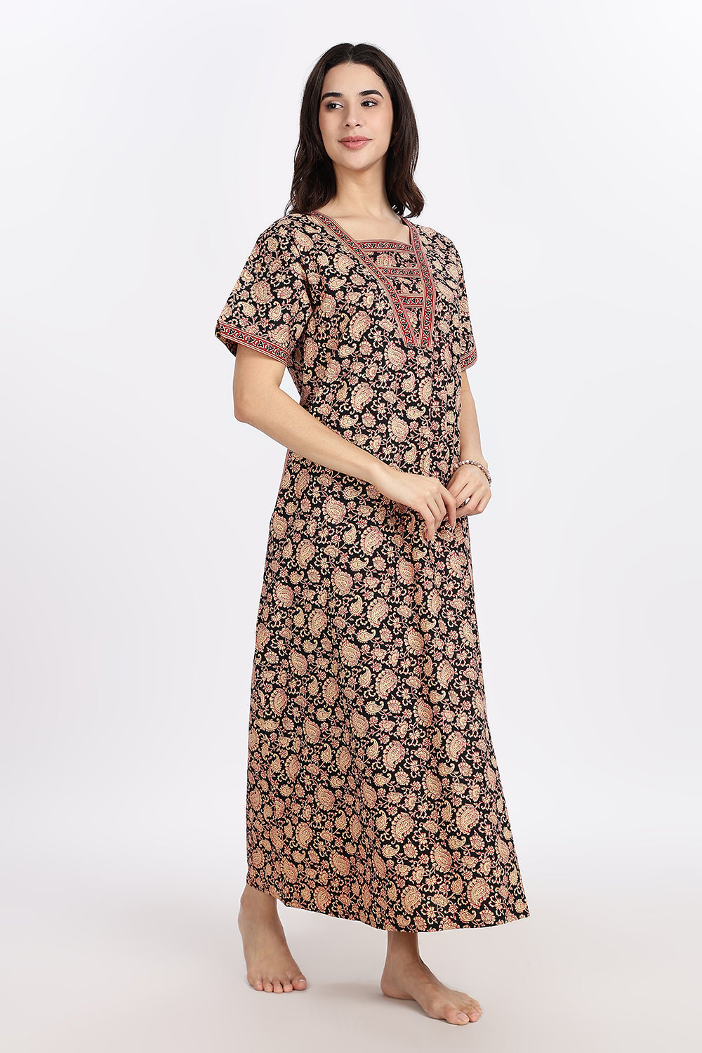 Naidu Hall Women’s Printed Cotton Blend Full Length Nighty with V Patch Neckline and Border Detailing
- NB05