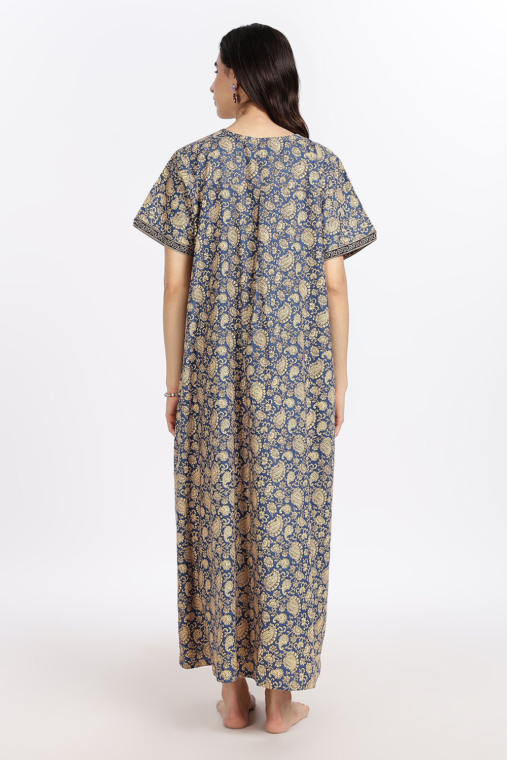 Naidu Hall Women’s Printed Cotton Blend Full Length Nighty with V Patch Neckline and Border Detailing
- NB05