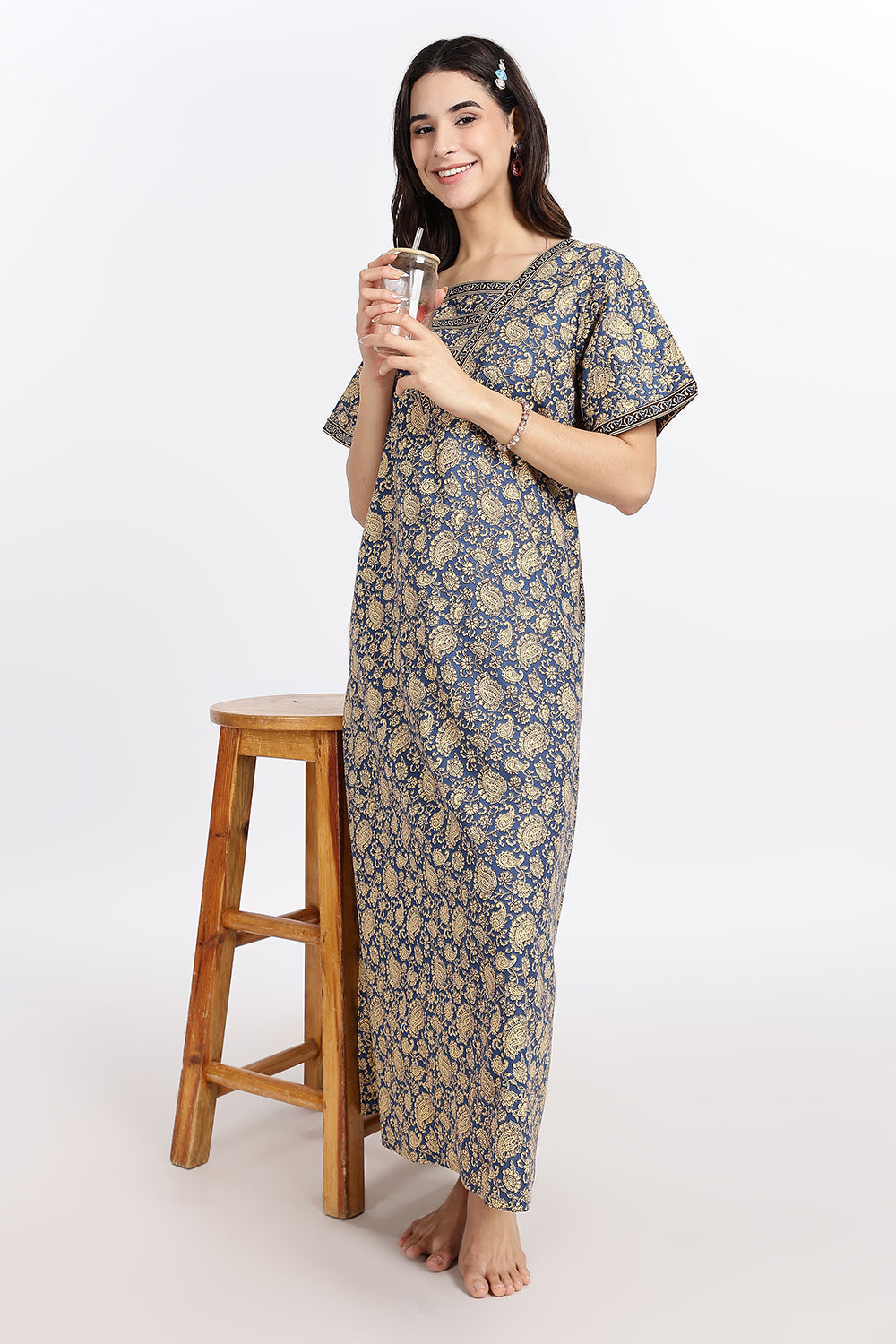 Naidu Hall Women’s Printed Cotton Blend Full Length Nighty with V Patch Neckline and Border Detailing
- NB05