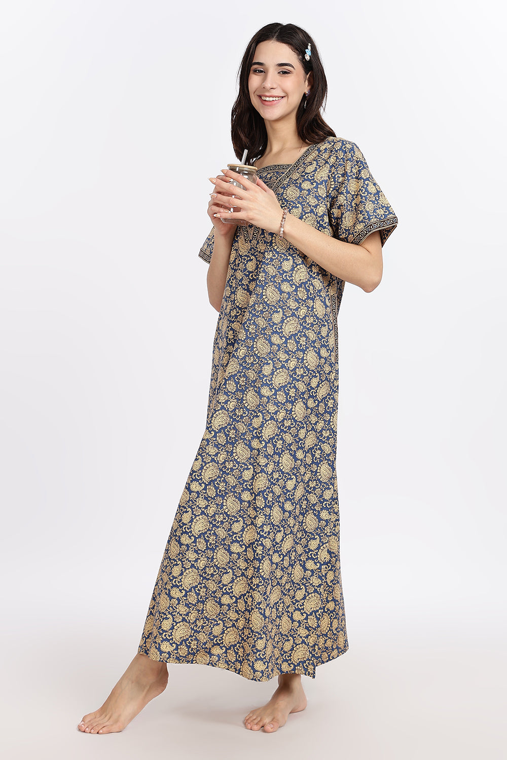 Naidu Hall Women’s Printed Cotton Blend Full Length Nighty with V Patch Neckline and Border Detailing
- NB05