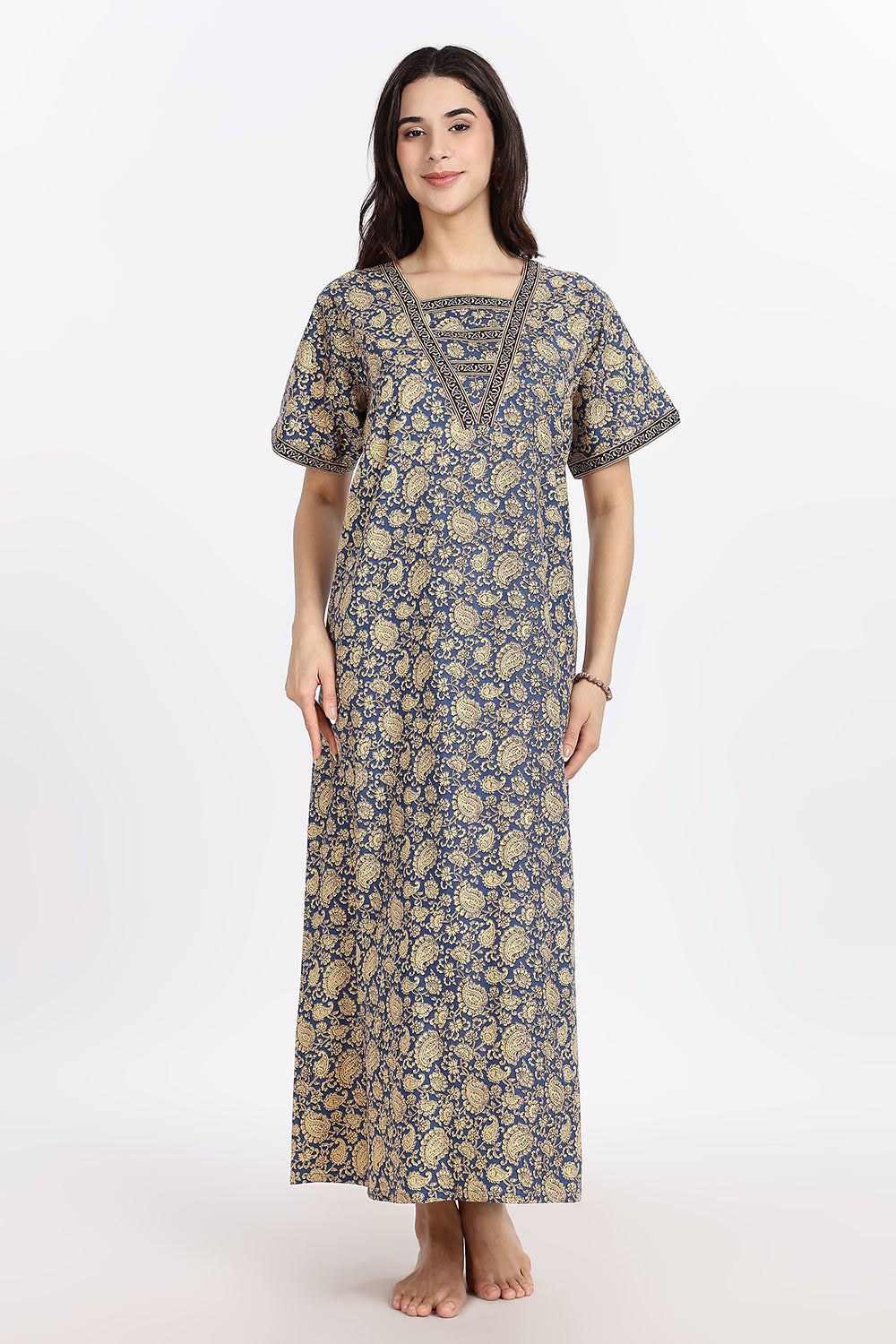 Naidu Hall Women’s Printed Cotton Blend Full Length Nighty with V Patch Neckline and Border Detailing
- NB05