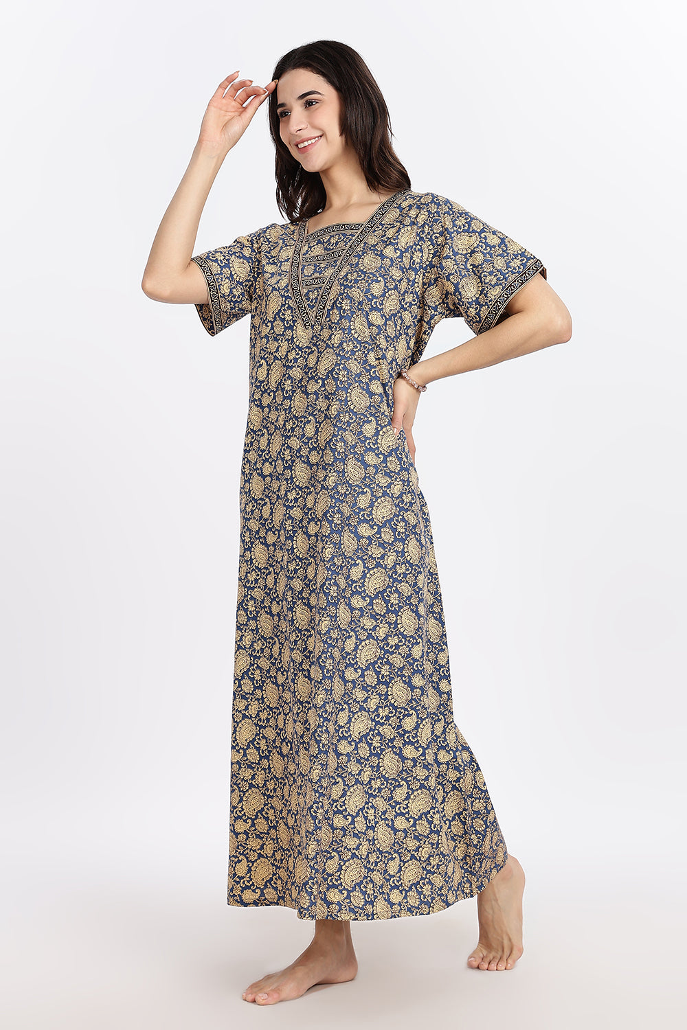 Naidu Hall Women’s Printed Cotton Blend Full Length Nighty with V Patch Neckline and Border Detailing
- NB05