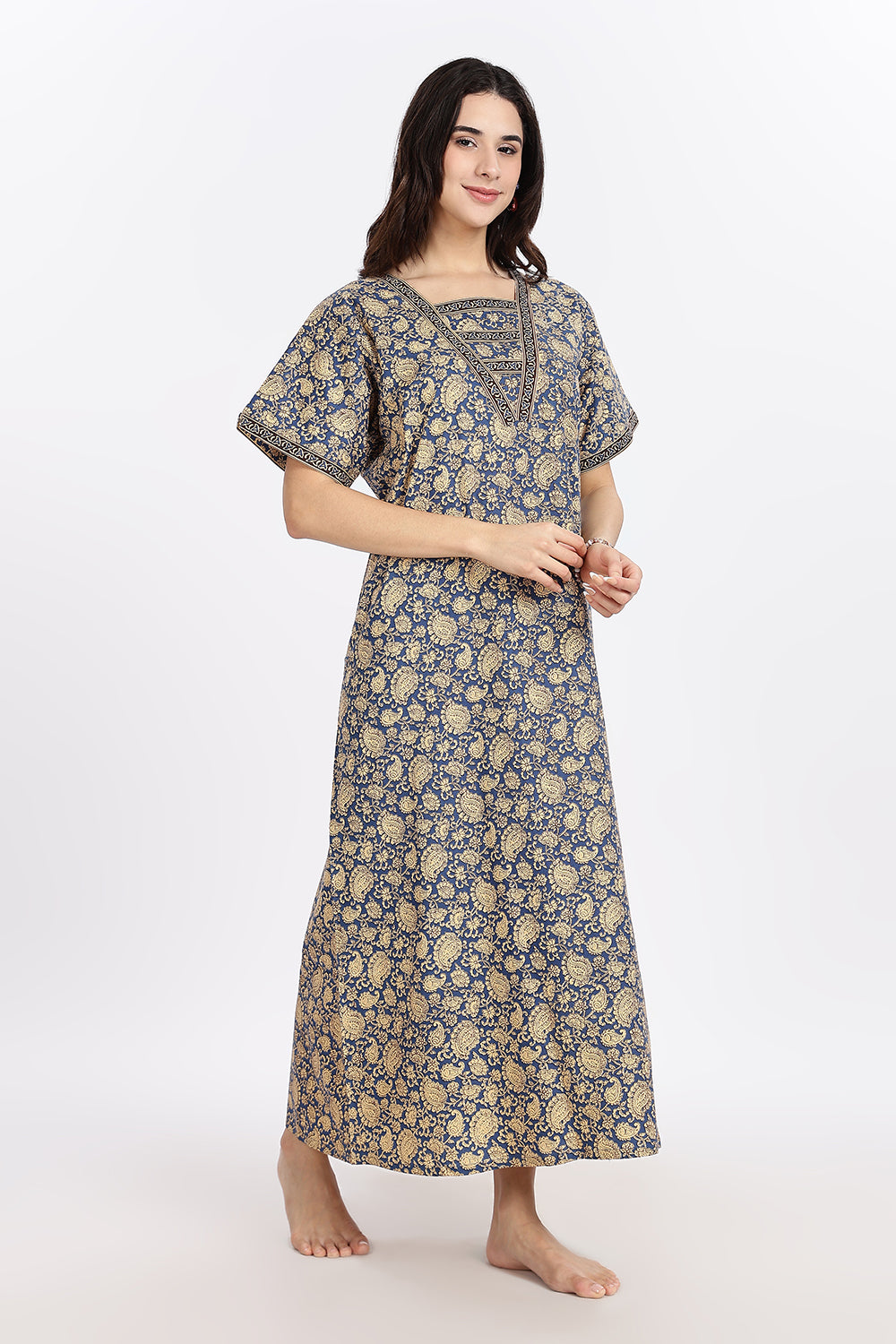 Naidu Hall Women’s Printed Cotton Blend Full Length Nighty with V Patch Neckline and Border Detailing
- NB05