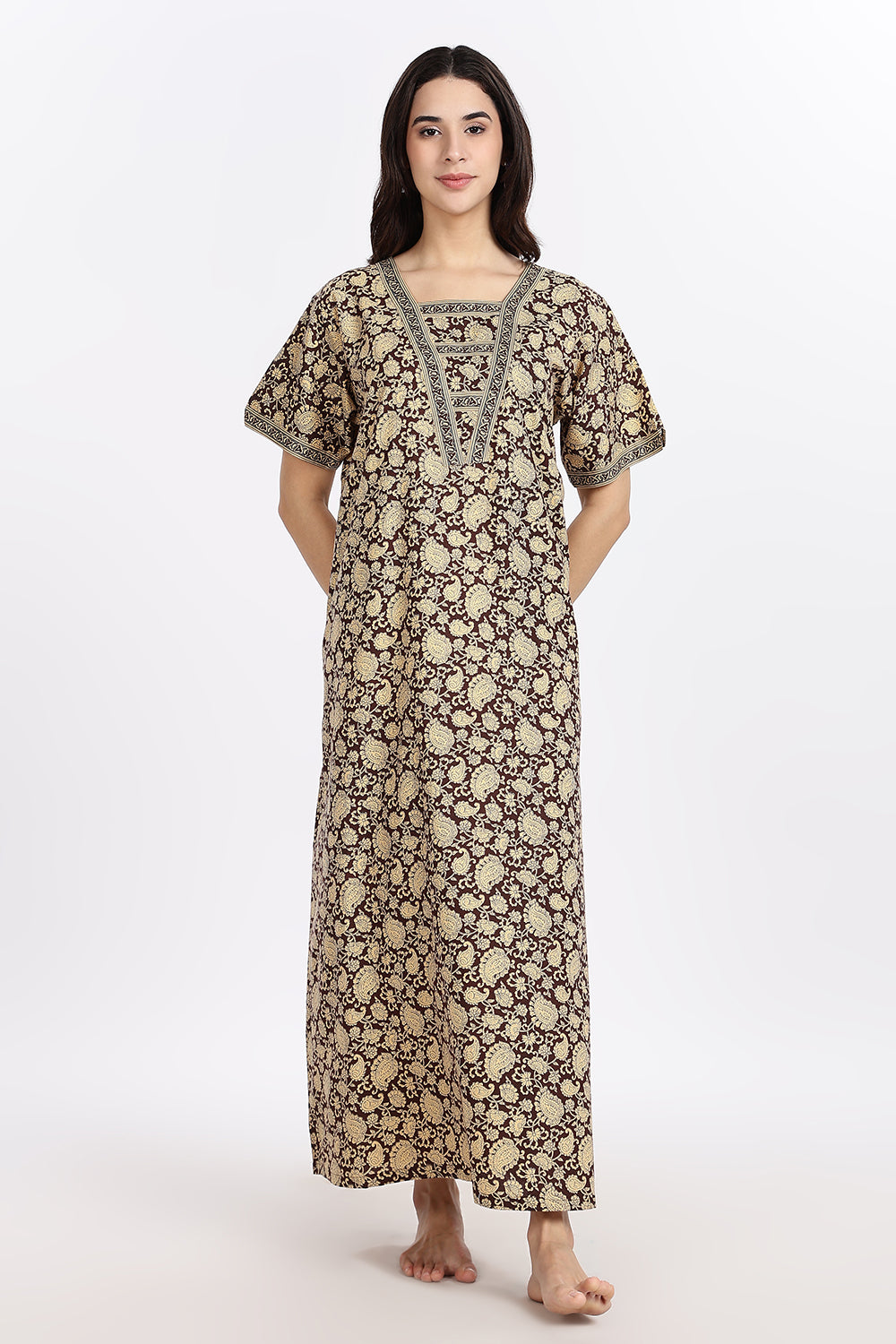 Naidu Hall Women’s Printed Cotton Blend Full Length Nighty with V Patch Neckline and Border Detailing
- NB05