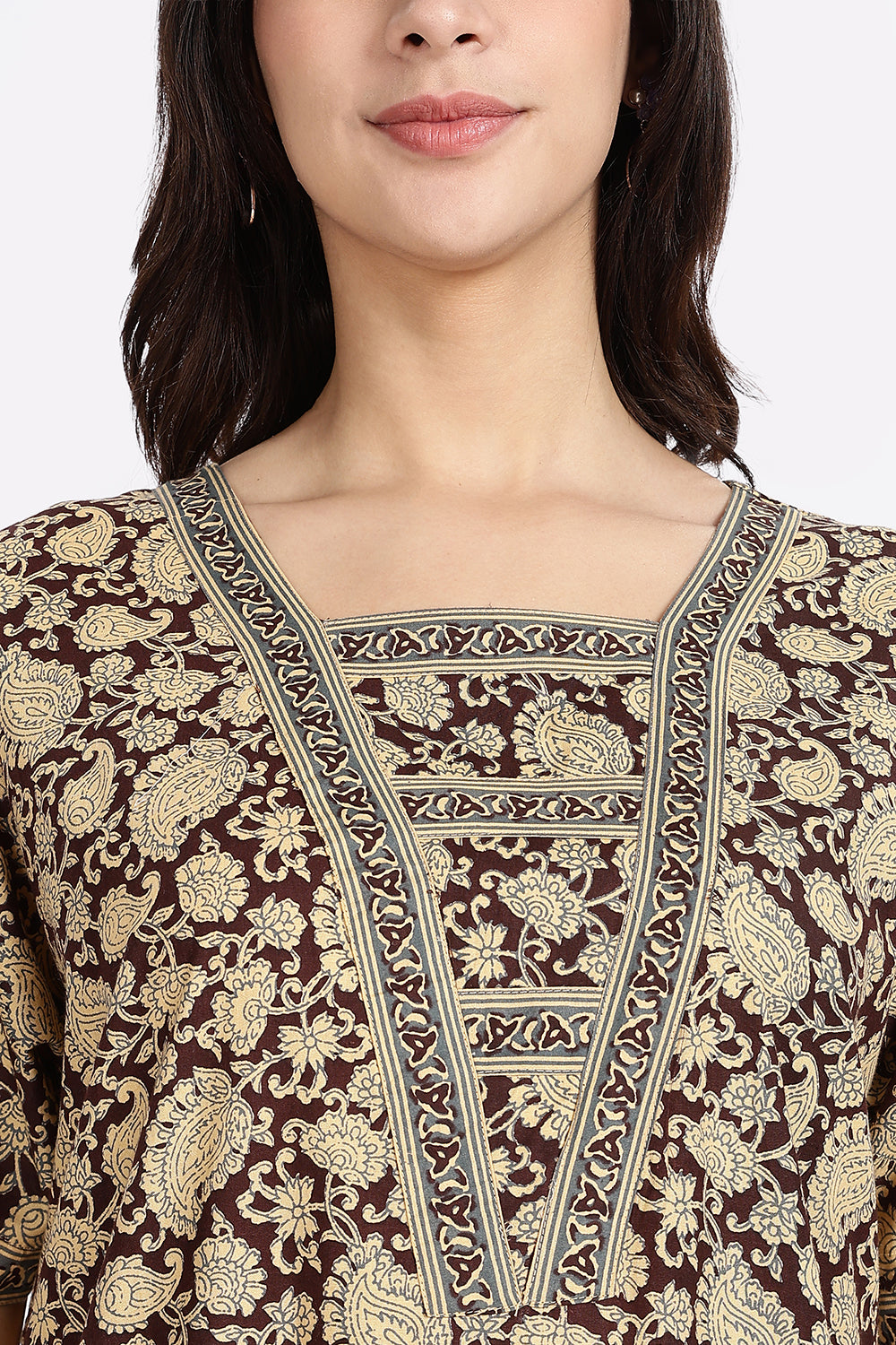 Naidu Hall Women’s Printed Cotton Blend Full Length Nighty with V Patch Neckline and Border Detailing
- NB05