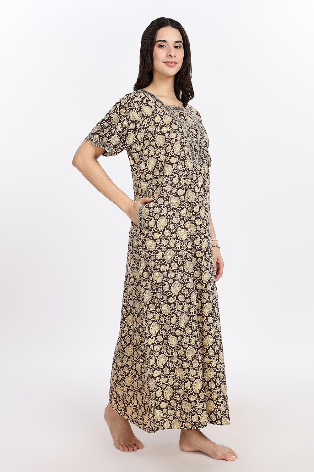 Naidu Hall Women’s Printed Cotton Blend Full Length Nighty with V Patch Neckline and Border Detailing
- NB05