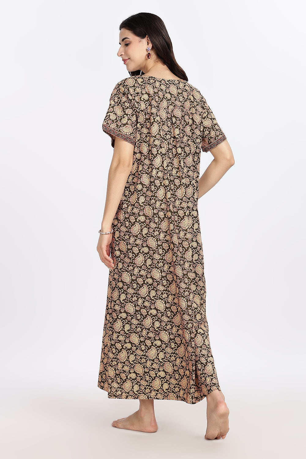 Naidu Hall Women’s Printed Cotton Blend Full Length Nighty with V Patch Neckline and Border Detailing
- NB05