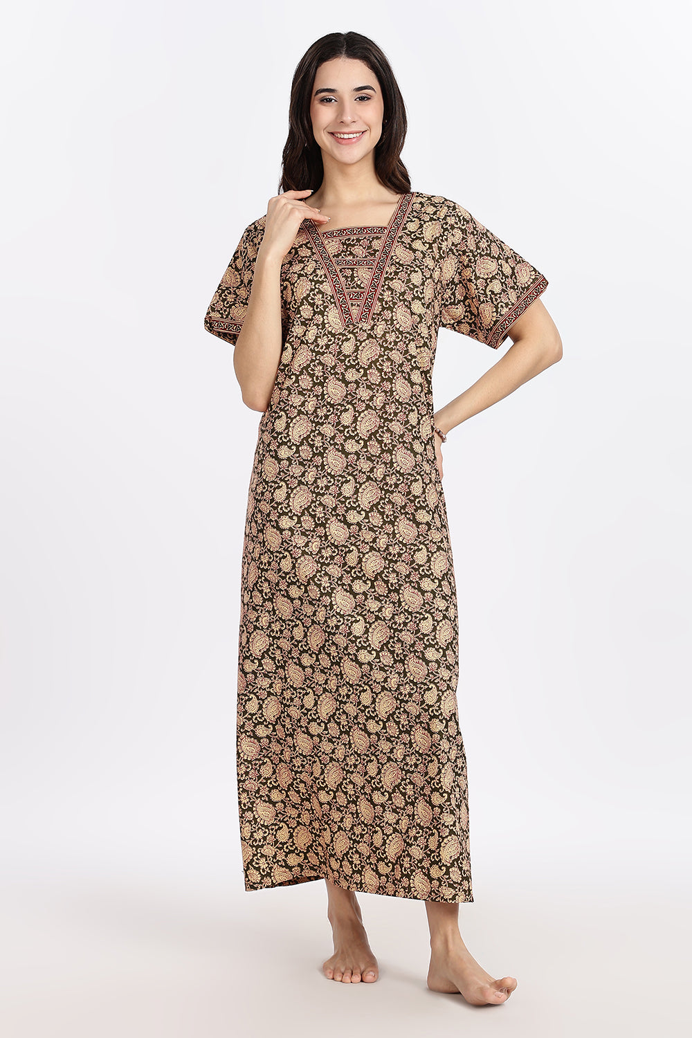 Naidu Hall Women’s Printed Cotton Blend Full Length Nighty with V Patch Neckline and Border Detailing
- NB05
