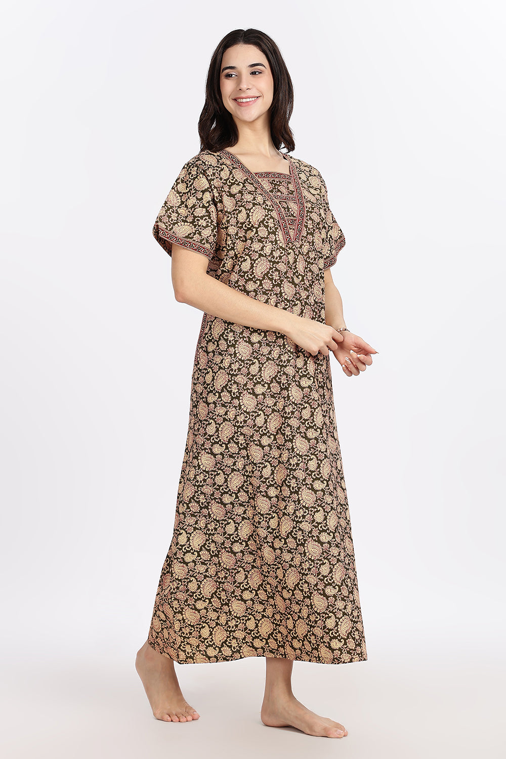 Naidu Hall Women’s Printed Cotton Blend Full Length Nighty with V Patch Neckline and Border Detailing
- NB05