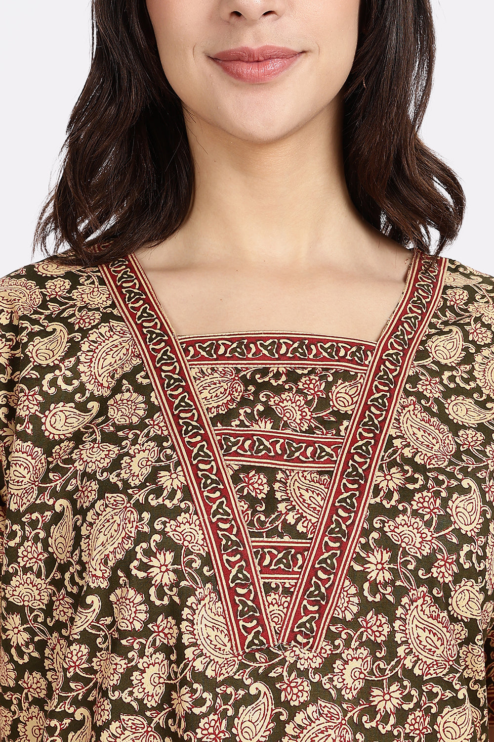 Naidu Hall Women’s Printed Cotton Blend Full Length Nighty with V Patch Neckline and Border Detailing
- NB05