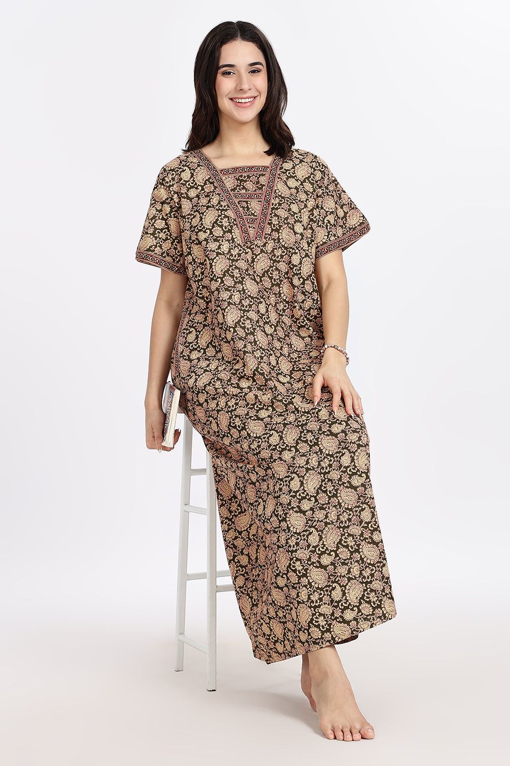 Naidu Hall Women’s Printed Cotton Blend Full Length Nighty with V Patch Neckline and Border Detailing
- NB05