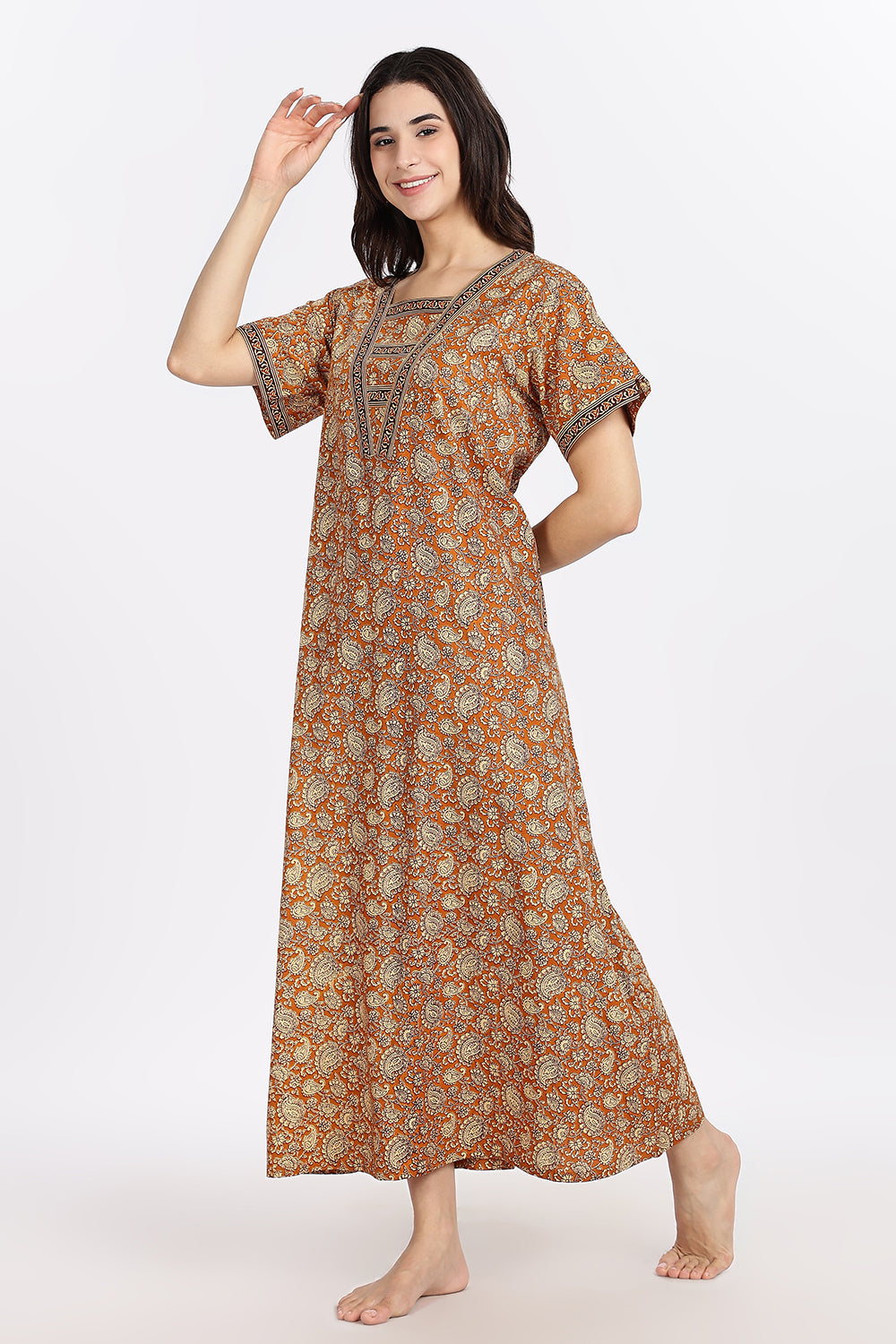 Naidu Hall Women’s Printed Cotton Blend Full Length Nighty with V Patch Neckline and Border Detailing
- NB05