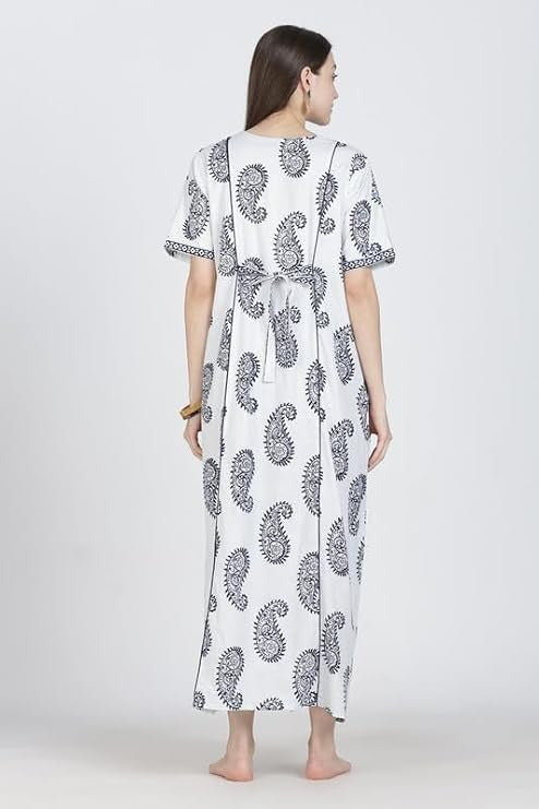 Naidu Hall Women's Cotton Blend Printed Nighty | Full Length A-Line Night Gown | V-Neck Floral Night Dress with Pocket | Soft Sleepwear, Lounge Wear & Daily Wear
- NB10