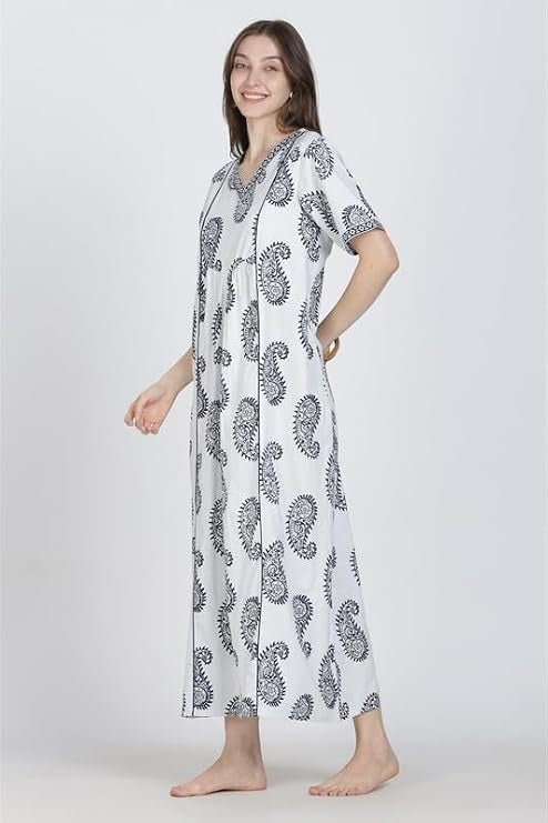 Naidu Hall Women's Cotton Blend Printed Nighty | Full Length A-Line Night Gown | V-Neck Floral Night Dress with Pocket | Soft Sleepwear, Lounge Wear & Daily Wear
- NB10