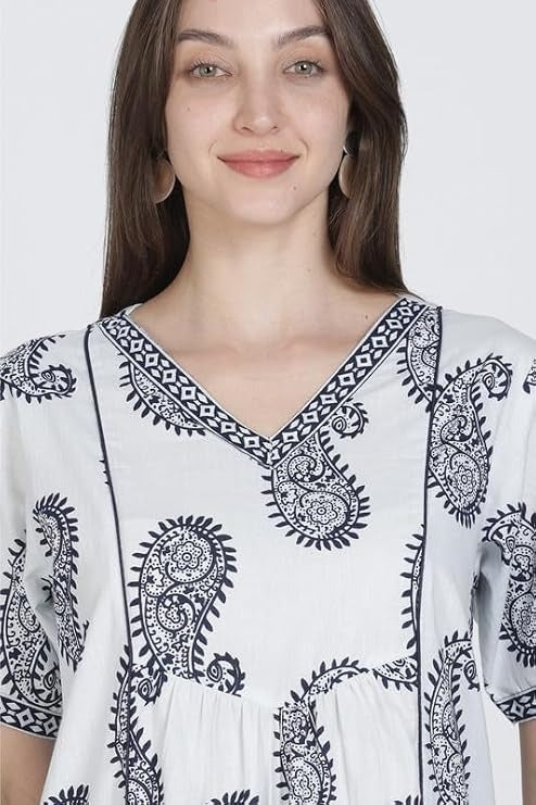 Naidu Hall Women's Cotton Blend Printed Nighty | Full Length A-Line Night Gown | V-Neck Floral Night Dress with Pocket | Soft Sleepwear, Lounge Wear & Daily Wear
- NB10