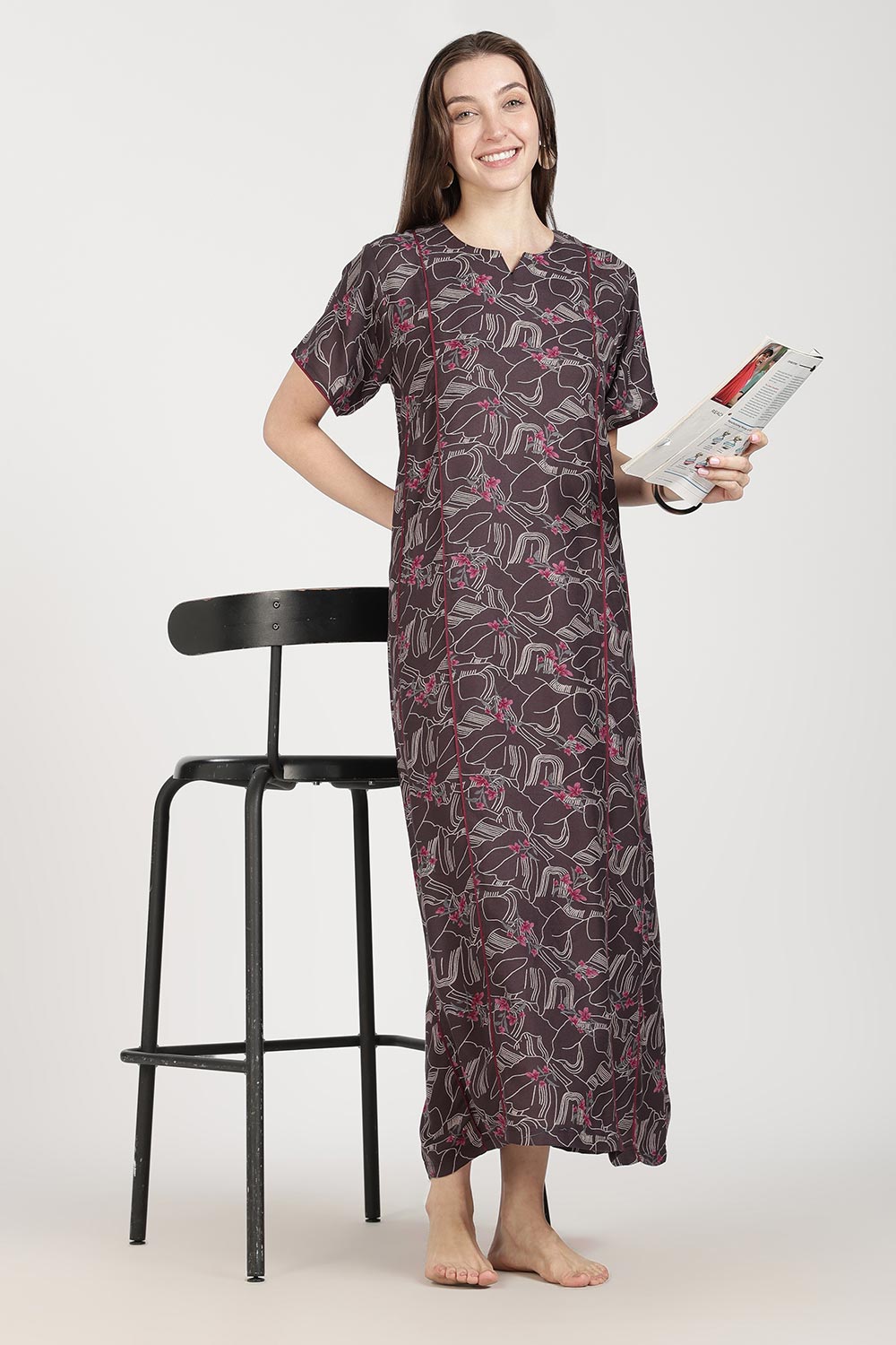 Naidu Hall Women’s Full-Length Printed Nighty | Round Neck with V-Slit, Short Sleeves, Relaxed Fit
- NB16