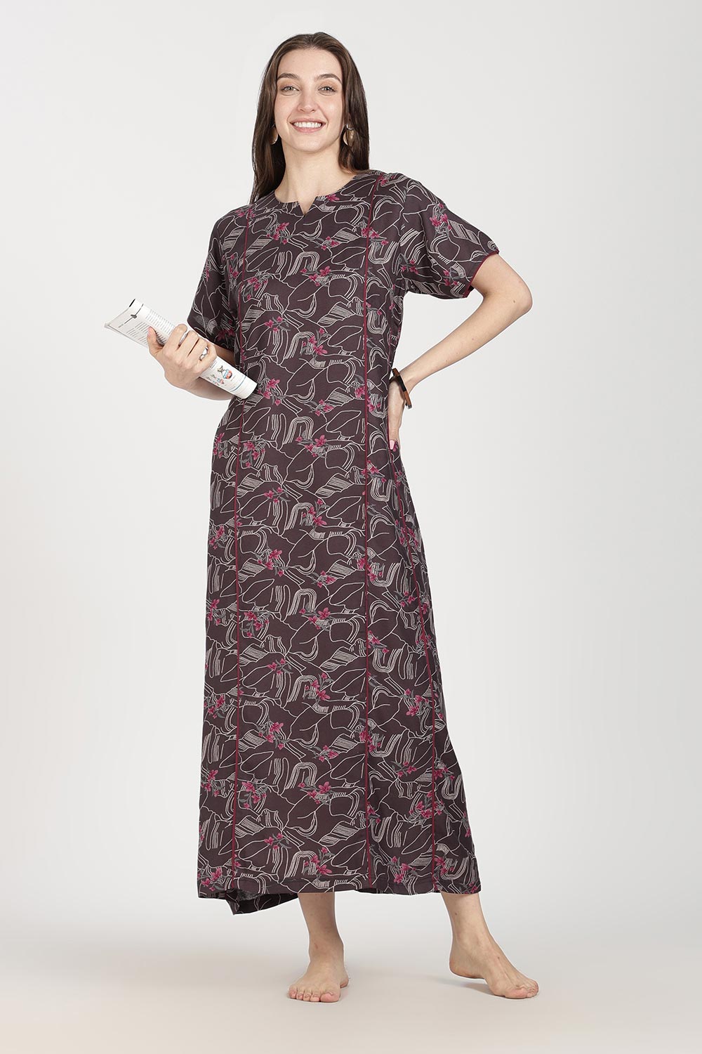 Naidu Hall Women’s Full-Length Printed Nighty | Round Neck with V-Slit, Short Sleeves, Relaxed Fit
- NB16