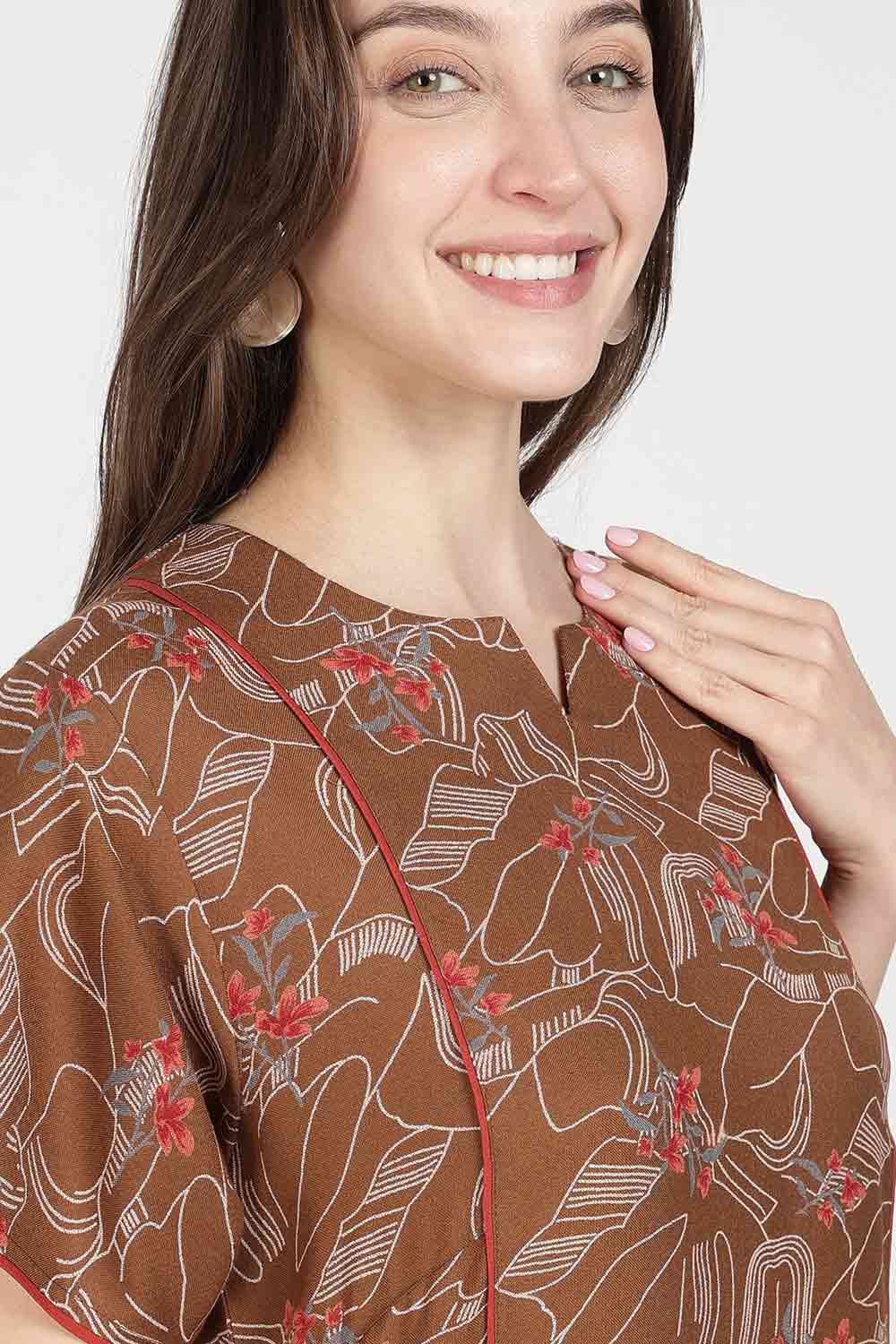 Naidu Hall Women’s Full-Length Printed Nighty | Round Neck with V-Slit, Short Sleeves, Relaxed Fit
- NB16