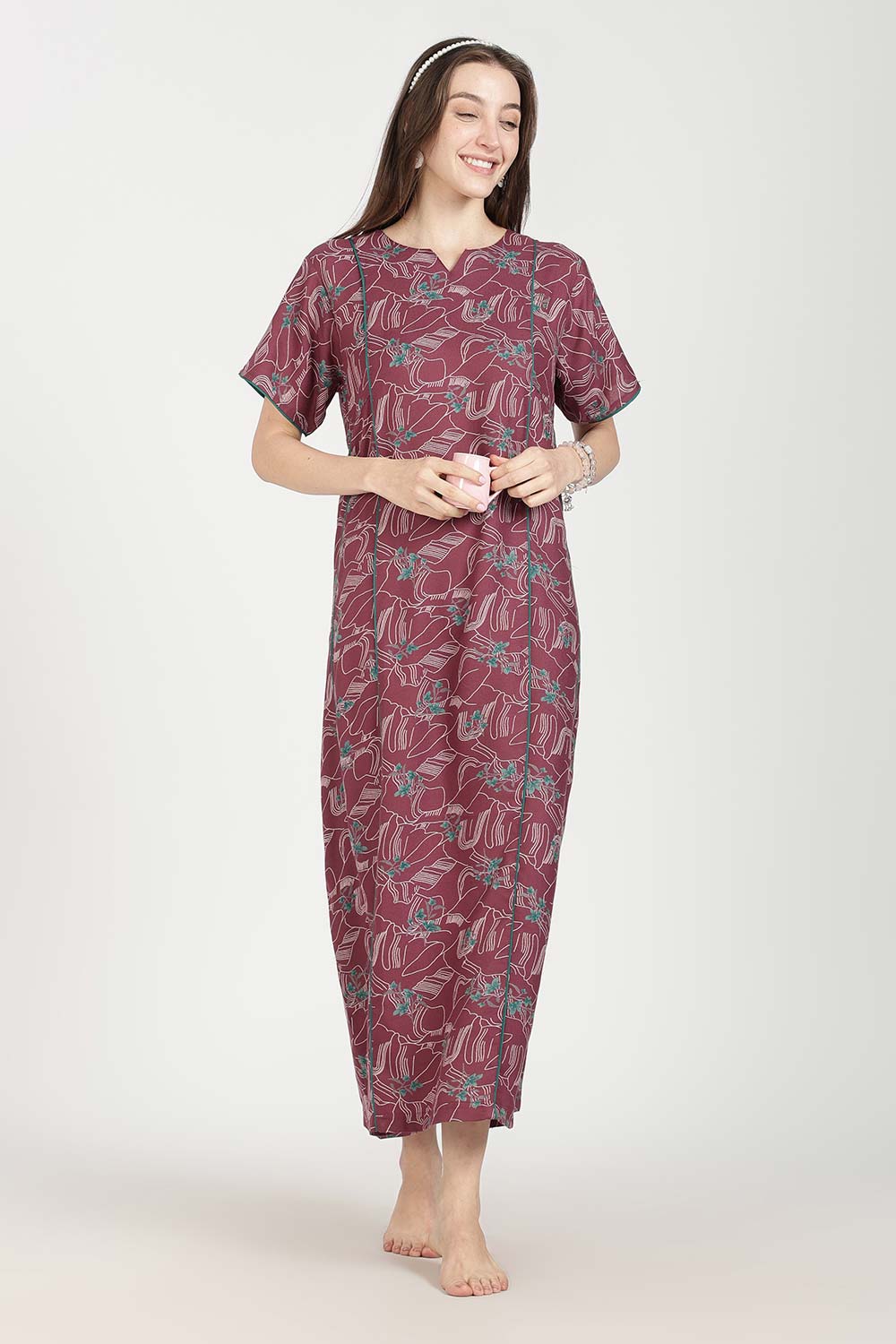 Naidu Hall Women’s Full-Length Printed Nighty | Round Neck with V-Slit, Short Sleeves, Relaxed Fit
- NB16