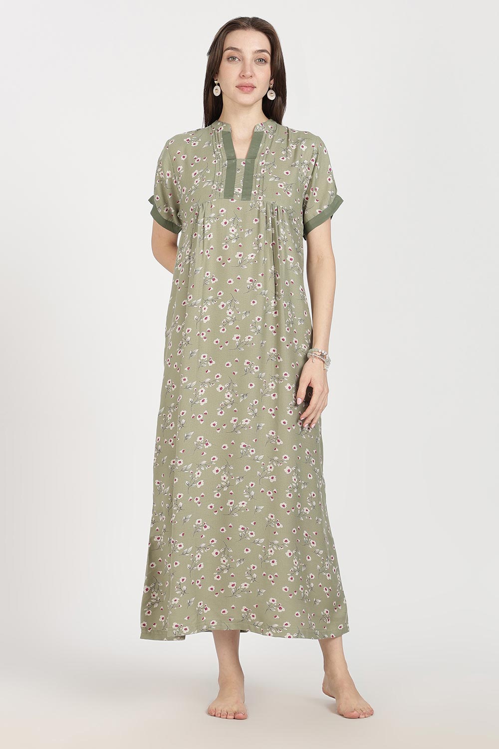 Naidu Hall Women’s Full-Length Cotton Nighty | Mandarin Collar, Pintuck Detail, Floral Printed Sleepwear
- NB17