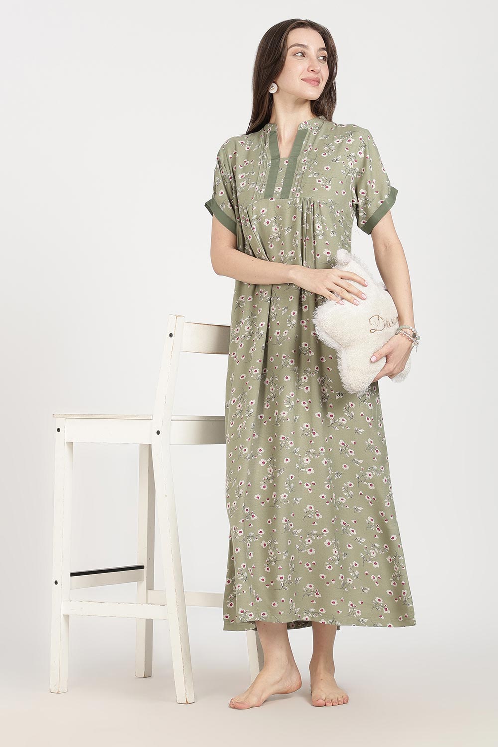 Naidu Hall Women’s Full-Length Cotton Nighty | Mandarin Collar, Pintuck Detail, Floral Printed Sleepwear
- NB17