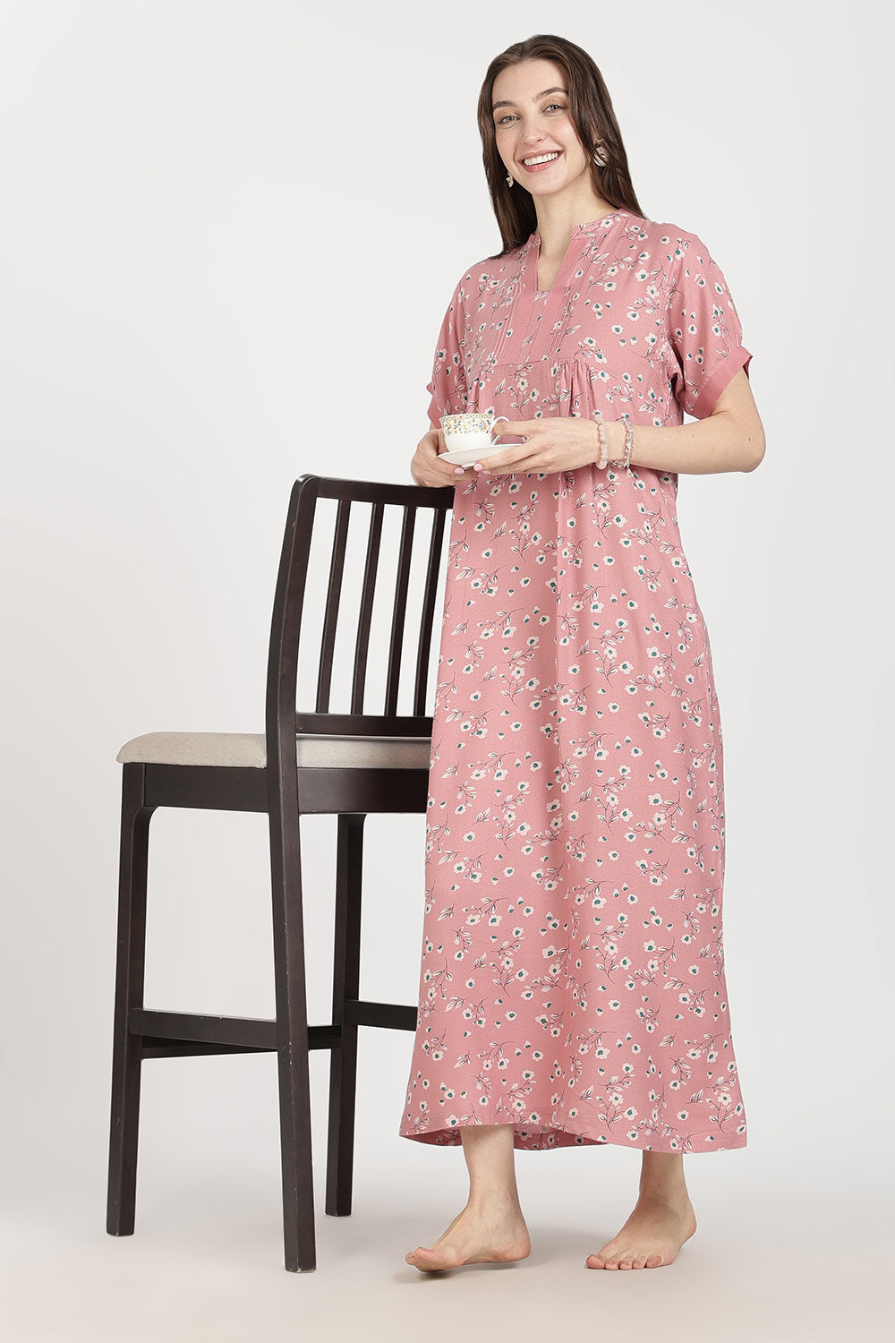 Naidu Hall Women’s Full-Length Cotton Nighty | Mandarin Collar, Pintuck Detail, Floral Printed Sleepwear
- NB17
