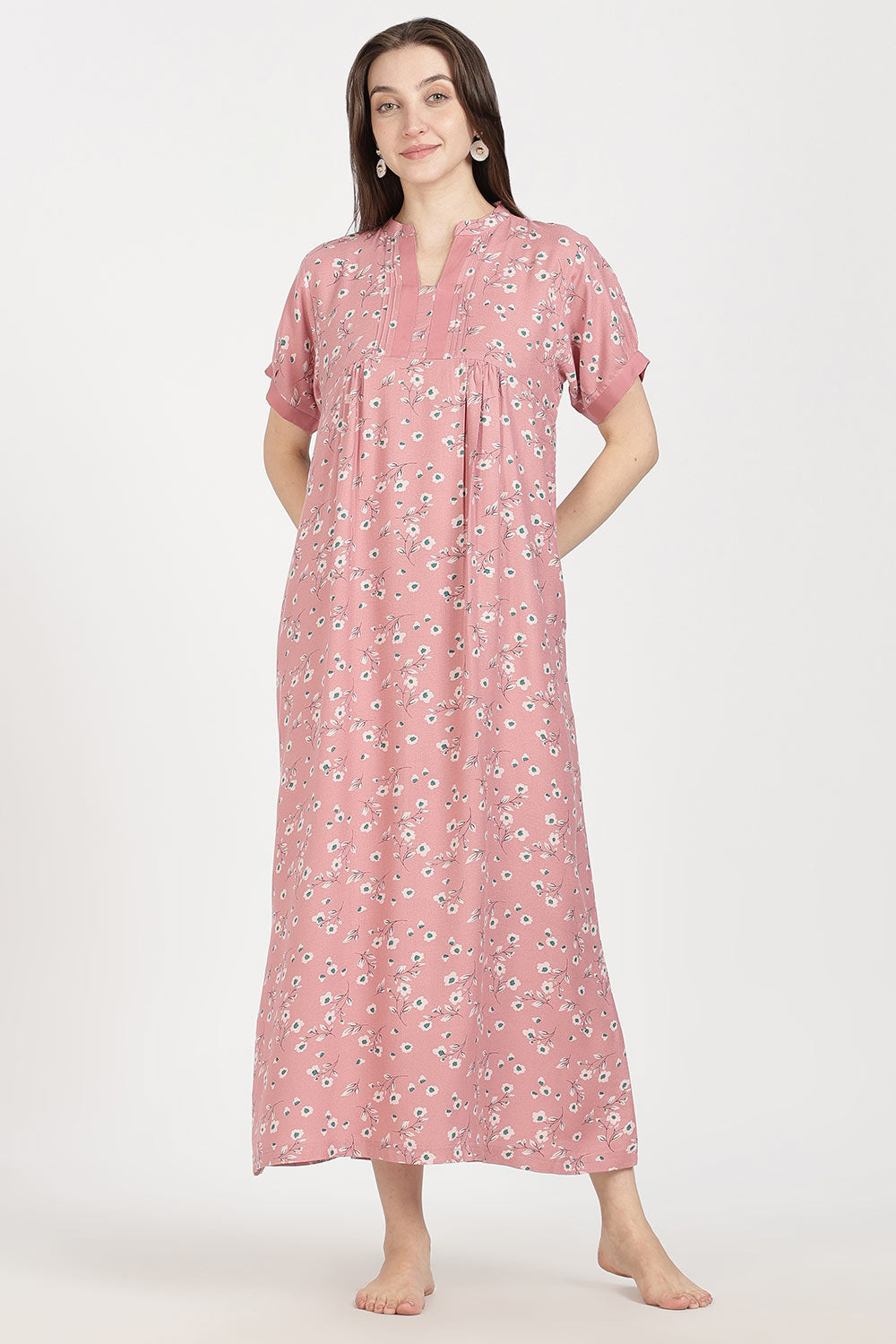 Naidu Hall Women’s Full-Length Cotton Nighty | Mandarin Collar, Pintuck Detail, Floral Printed Sleepwear
- NB17