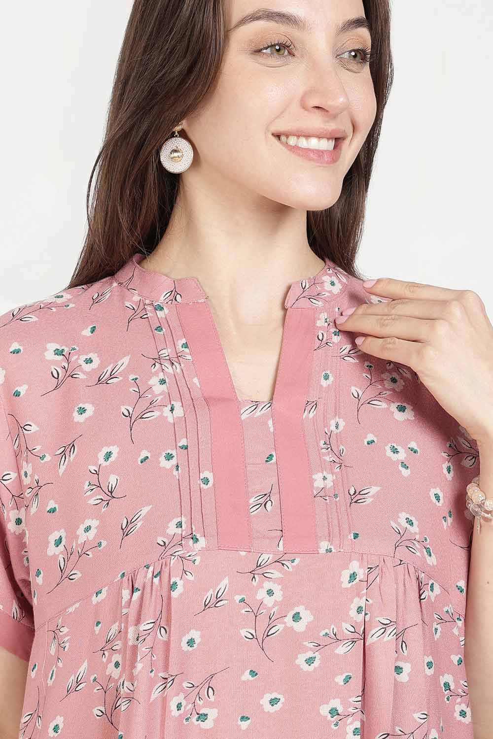 Naidu Hall Women’s Full-Length Cotton Nighty | Mandarin Collar, Pintuck Detail, Floral Printed Sleepwear
- NB17