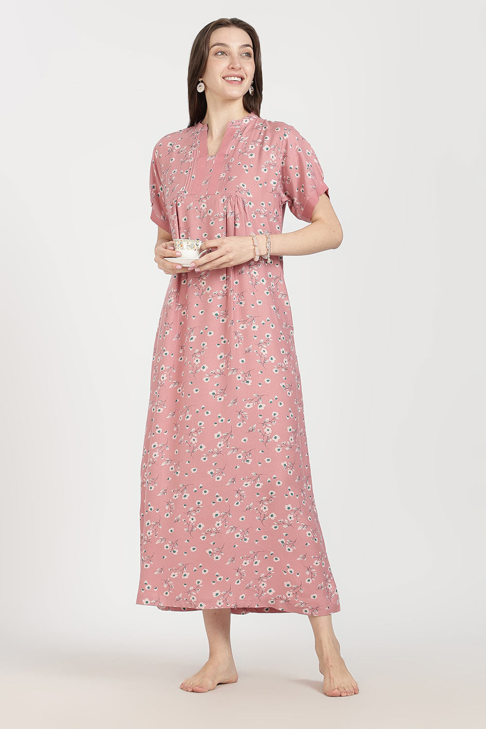 Naidu Hall Women’s Full-Length Cotton Nighty | Mandarin Collar, Pintuck Detail, Floral Printed Sleepwear
- NB17