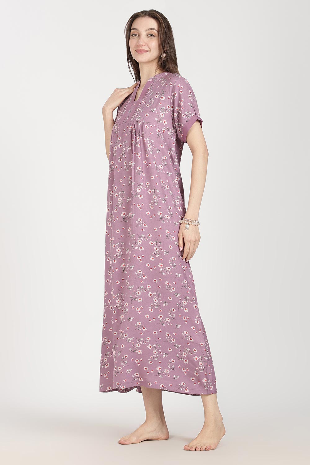 Naidu Hall Women’s Full-Length Cotton Nighty | Mandarin Collar, Pintuck Detail, Floral Printed Sleepwear
- NB17
