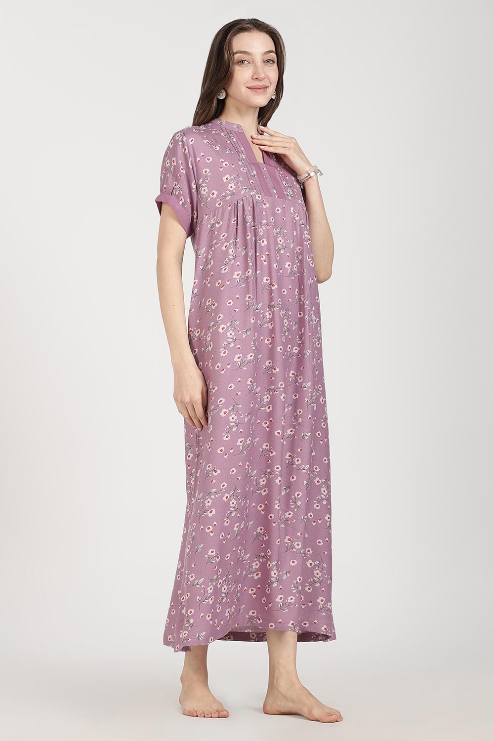 Naidu Hall Women’s Full-Length Cotton Nighty | Mandarin Collar, Pintuck Detail, Floral Printed Sleepwear
- NB17