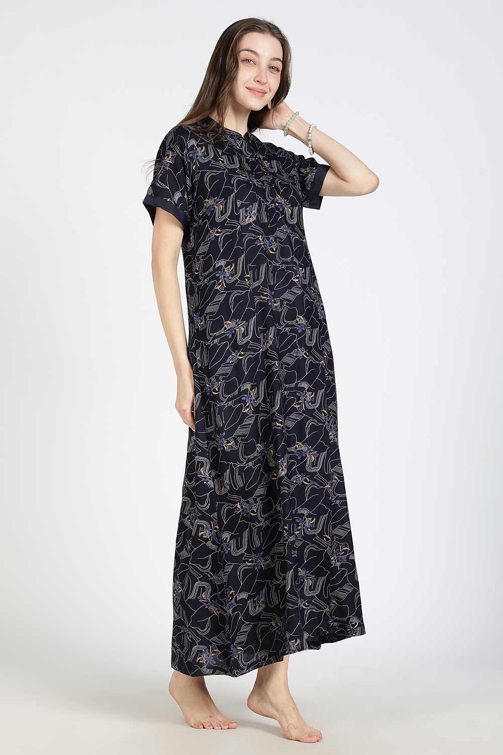 Naidu Hall Women’s Printed Alpine Cotton Nighty | Full Length Mandarin Collar Half Sleeve Nightdress with Front Button Placket for Daily Wear & Sleepwear
- NB25