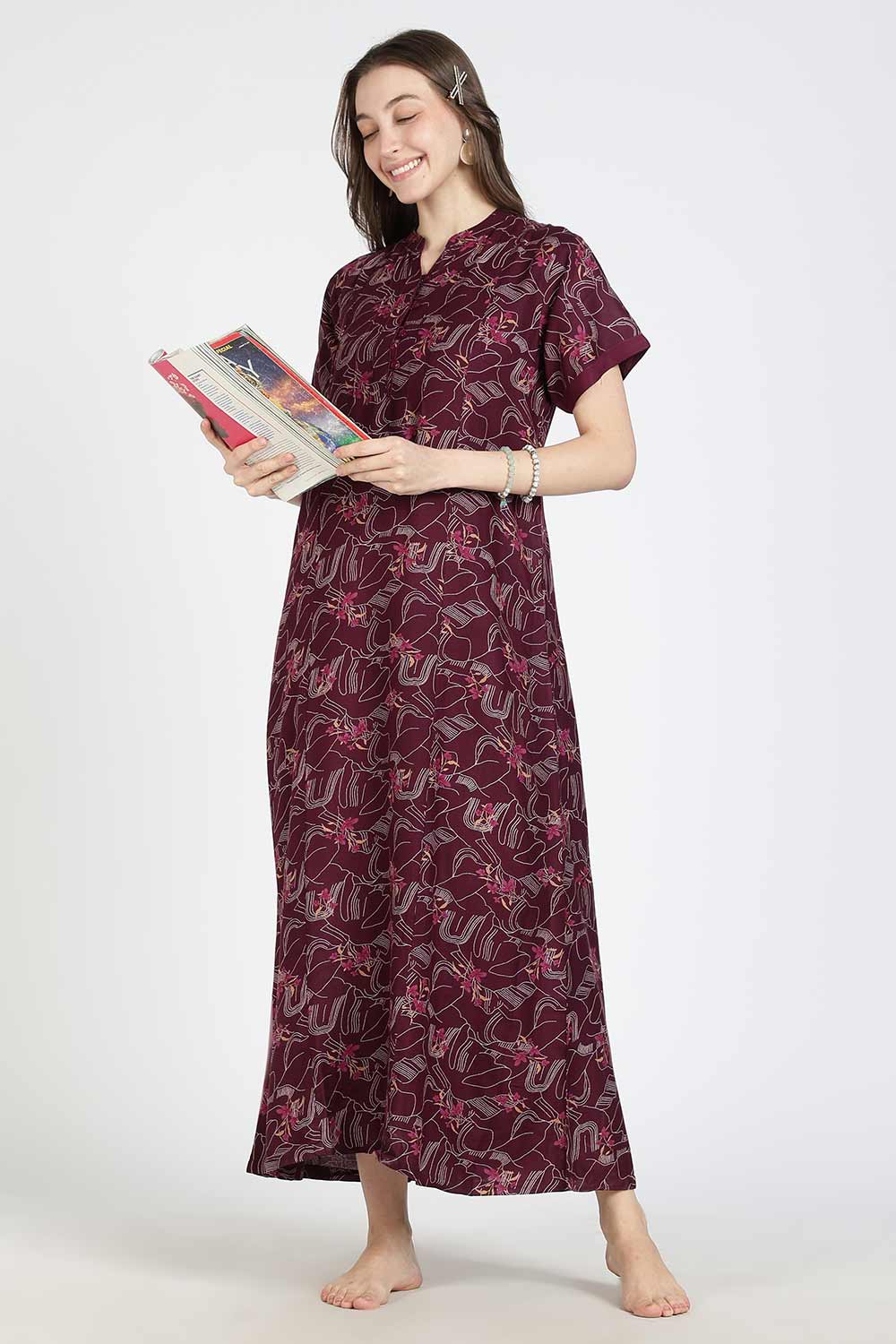 Naidu Hall Women’s Printed Alpine Cotton Nighty | Full Length Mandarin Collar Half Sleeve Nightdress with Front Button Placket for Daily Wear & Sleepwear
- NB25