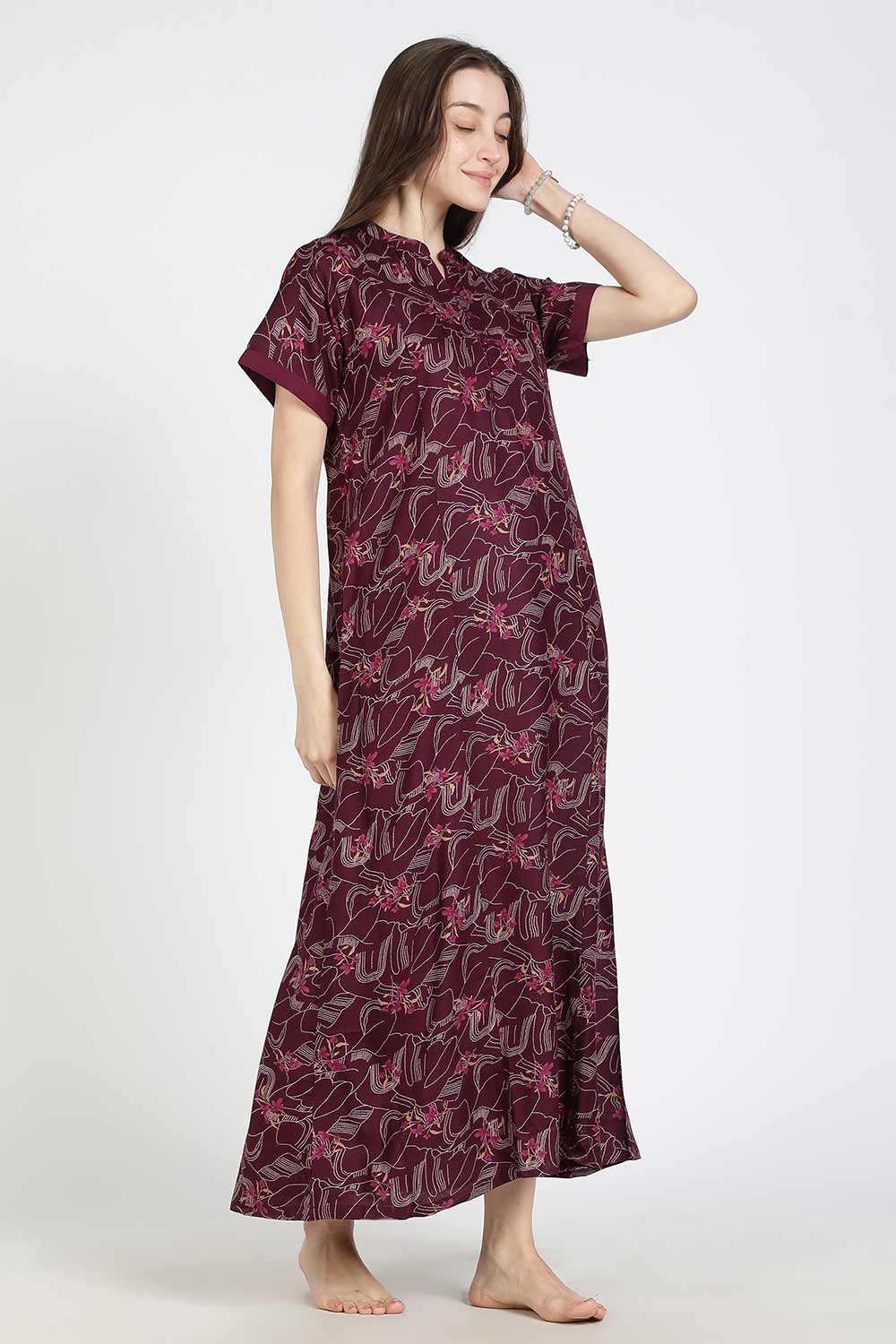 Naidu Hall Women’s Printed Alpine Cotton Nighty | Full Length Mandarin Collar Half Sleeve Nightdress with Front Button Placket for Daily Wear & Sleepwear
- NB25