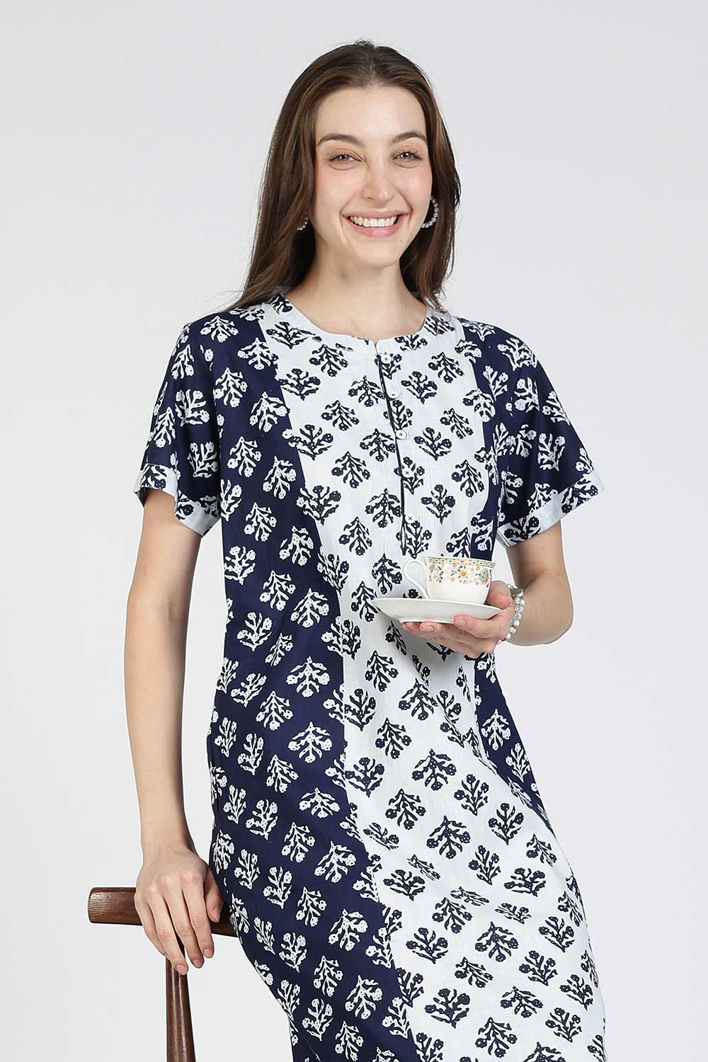 Naidu Hall Women’s Printed Cotton Nighty | Full Length Mandarin Collar Half Sleeve Floral Nightdress with Pintuck Detailing for Daily Wear & Sleepwear
- NB28