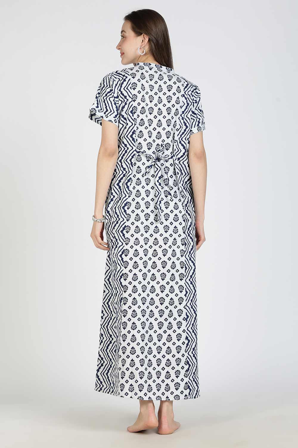 Naidu Hall Women’s Printed Cotton Nighty | Full Length Mandarin Collar Half Sleeve Floral Butta Nightdress with Pintuck Detailing for Daily Wear & Sleepwear
- NB29