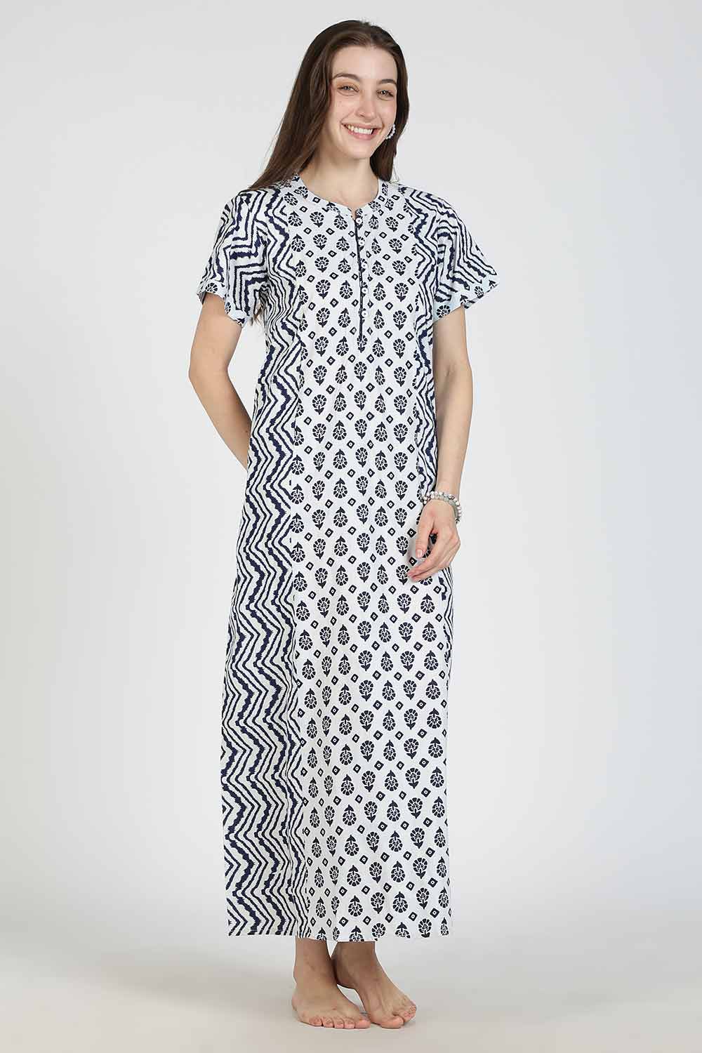 Naidu Hall Women’s Printed Cotton Nighty | Full Length Mandarin Collar Half Sleeve Floral Butta Nightdress with Pintuck Detailing for Daily Wear & Sleepwear
- NB29