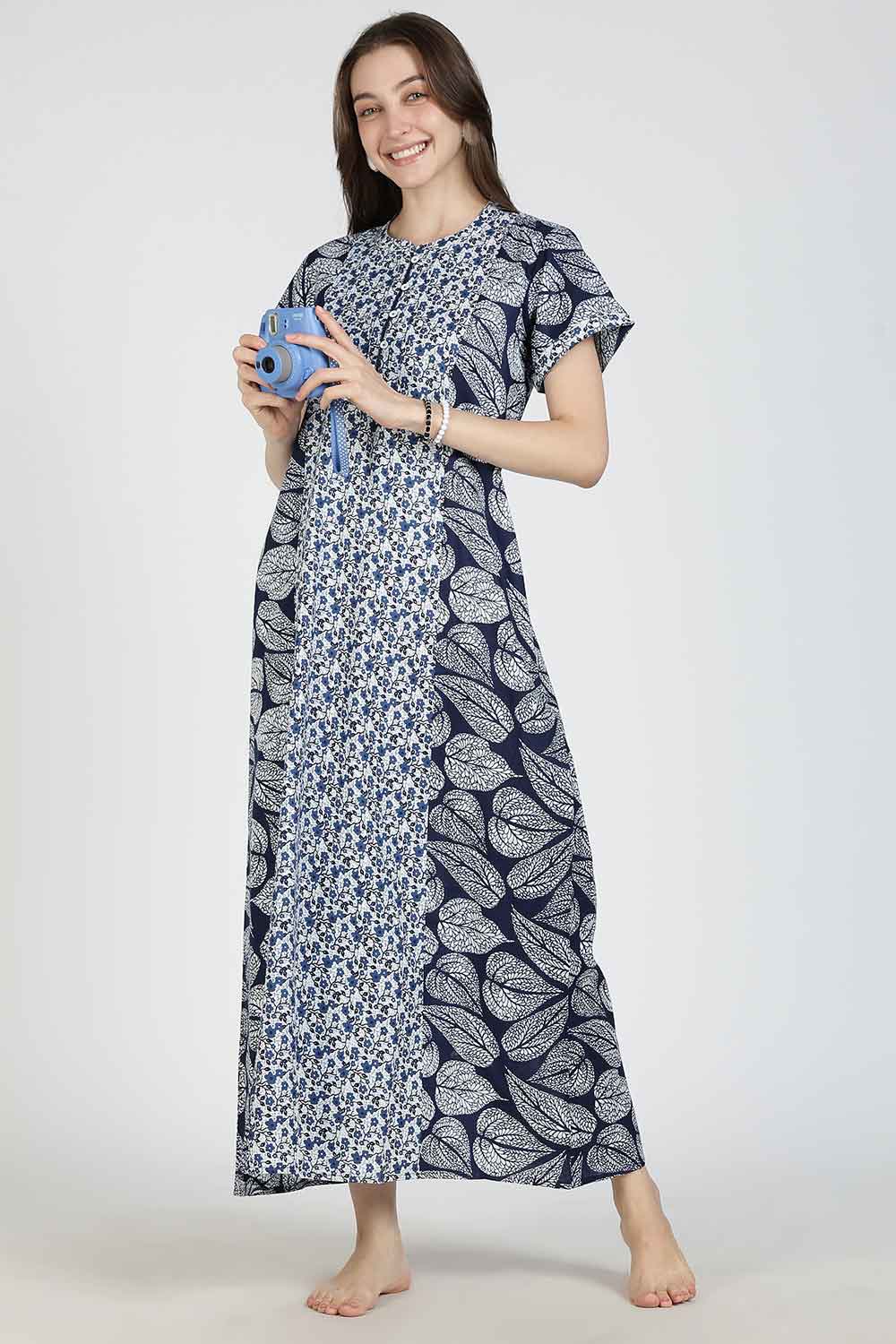 Naidu Hall Women’s Printed Cotton Nighty | Full Length Mandarin Collar Half Sleeve Floral Butta Nightdress for Daily Wear & Sleepwear
- NB30