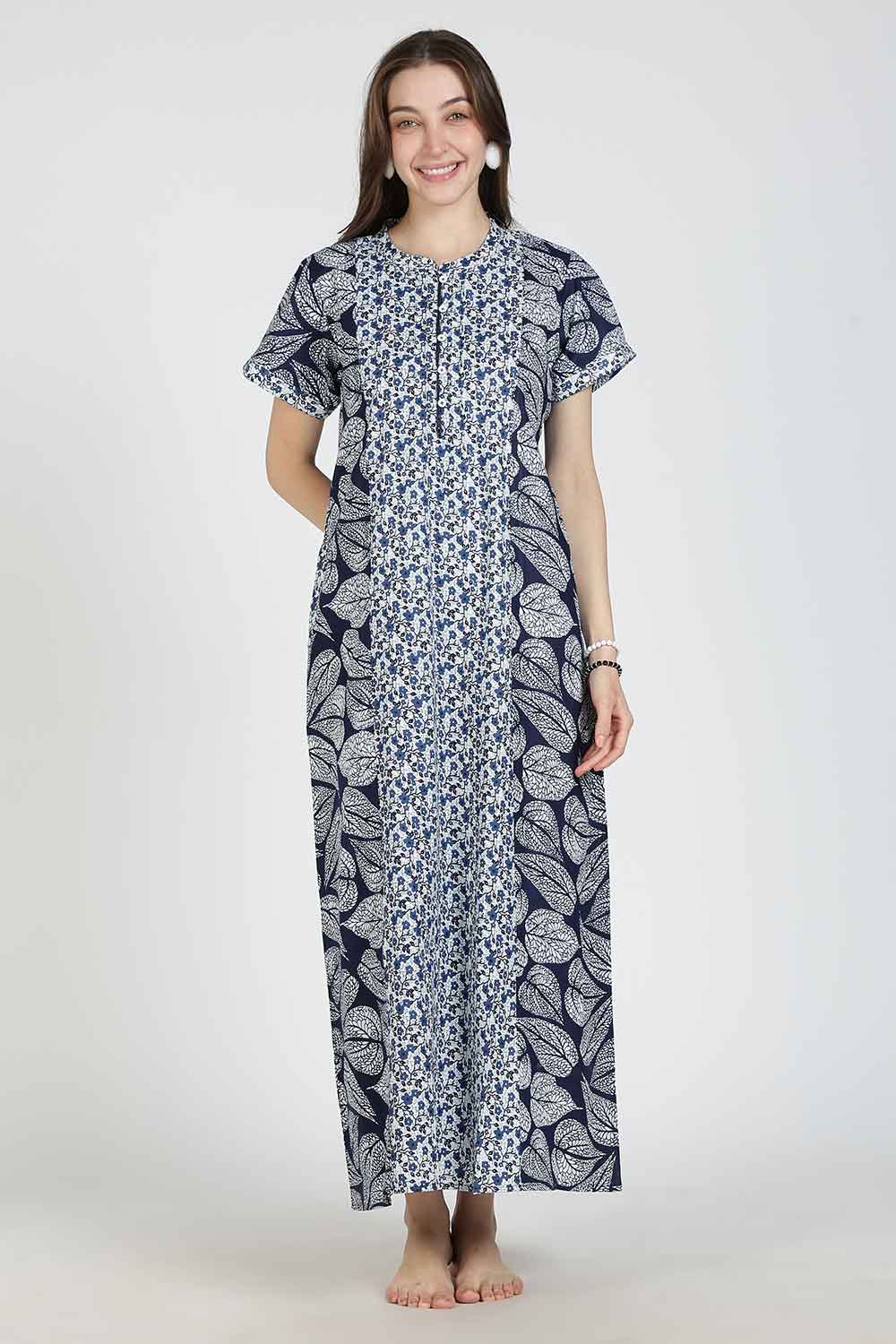 Naidu Hall Women’s Printed Cotton Nighty | Full Length Mandarin Collar Half Sleeve Floral Butta Nightdress for Daily Wear & Sleepwear
- NB30