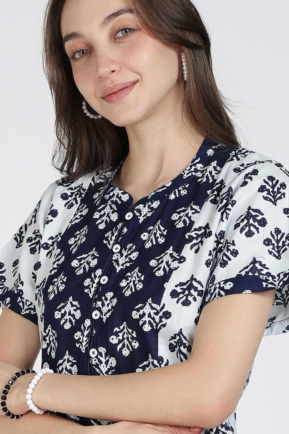 Naidu Hall Women’s Printed Cotton Nighty | Full Length Mandarin Collar Half Sleeve Chevron Print Nightdress for Daily Wear & Sleepwear
- NB31